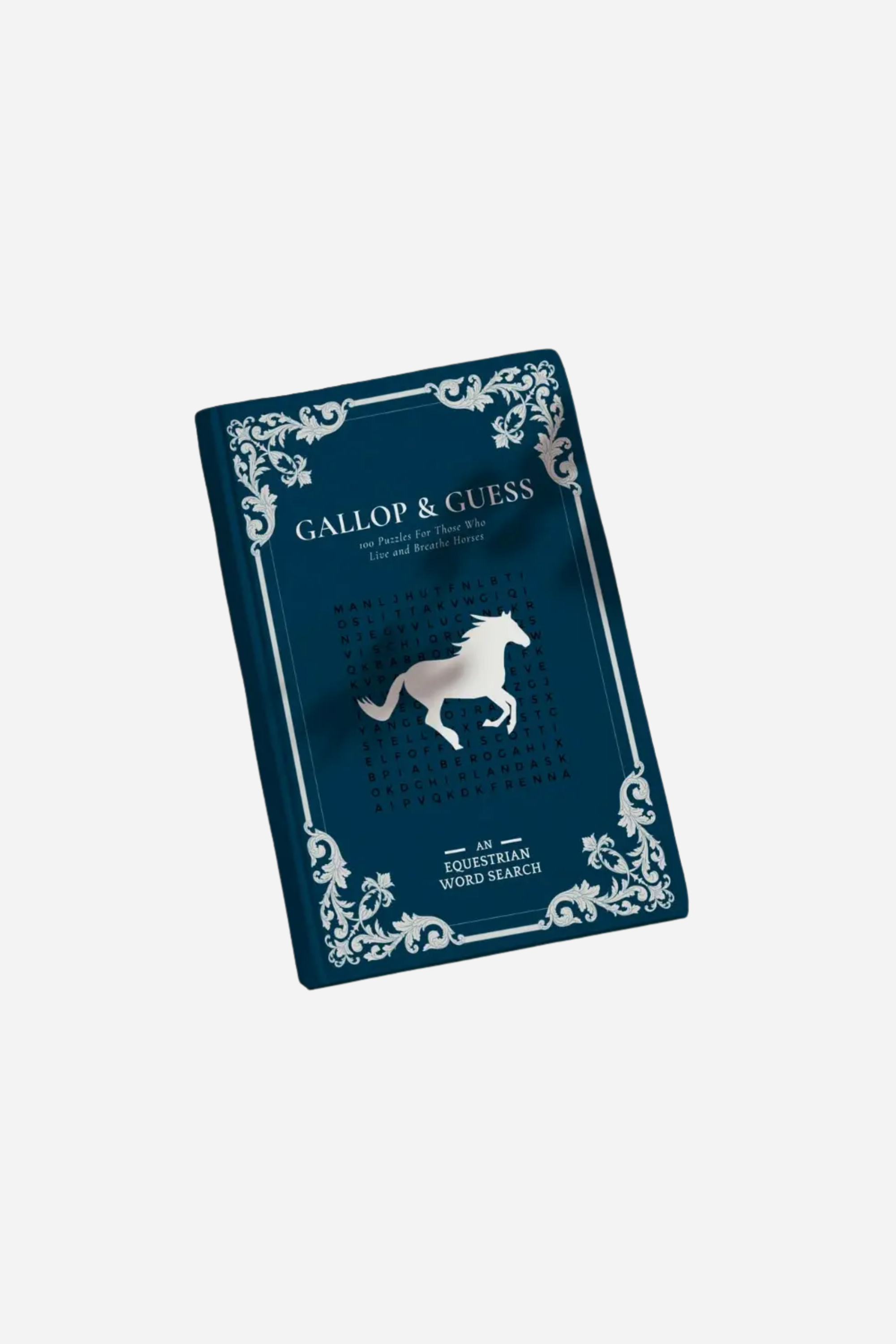 Gallop & Guess Equestrian Word Search paperback puzzle book with matte cover, featuring 100 horse-themed word search puzzles celebrating equestrian life, from breeds and tack to disciplines, rider lingo, and stable trivia. A perfect gift for horse lovers, riders, and equestrian enthusiasts of all ages.