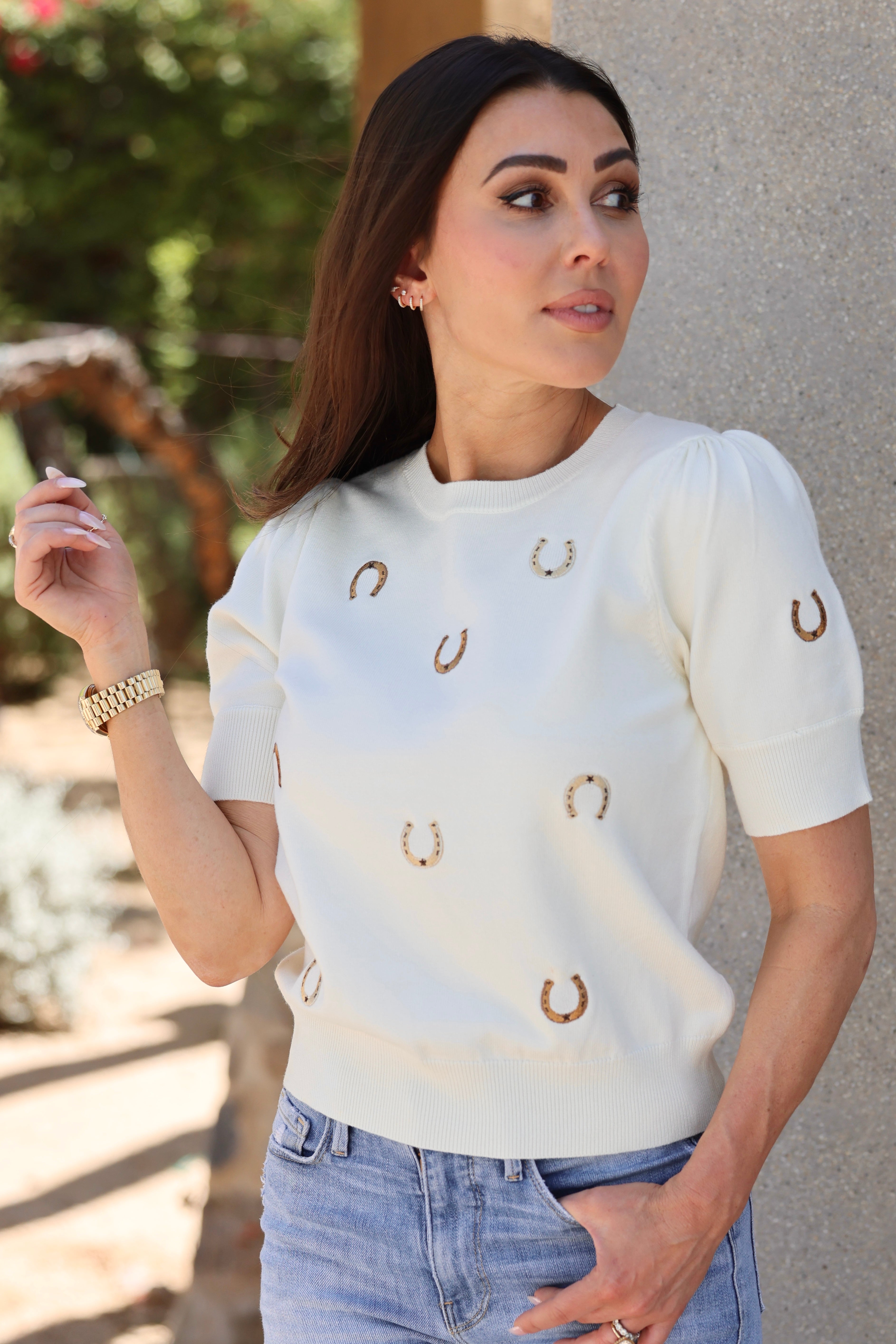 Gilli Round Neck Puff Sleeve Embroidered Horseshoes Knit Top
