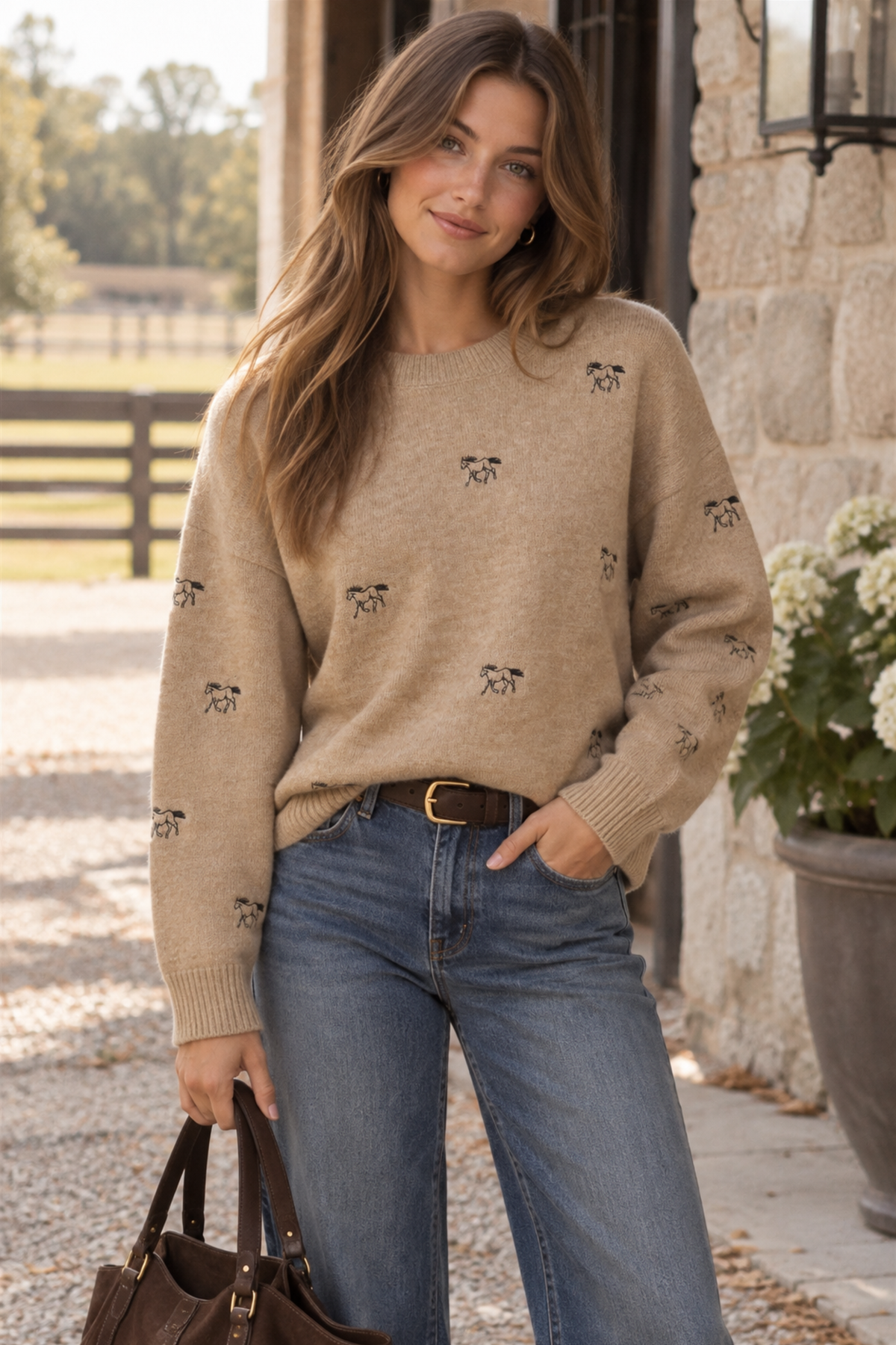 Hadley Embroidered Horse Sweater - Toffee