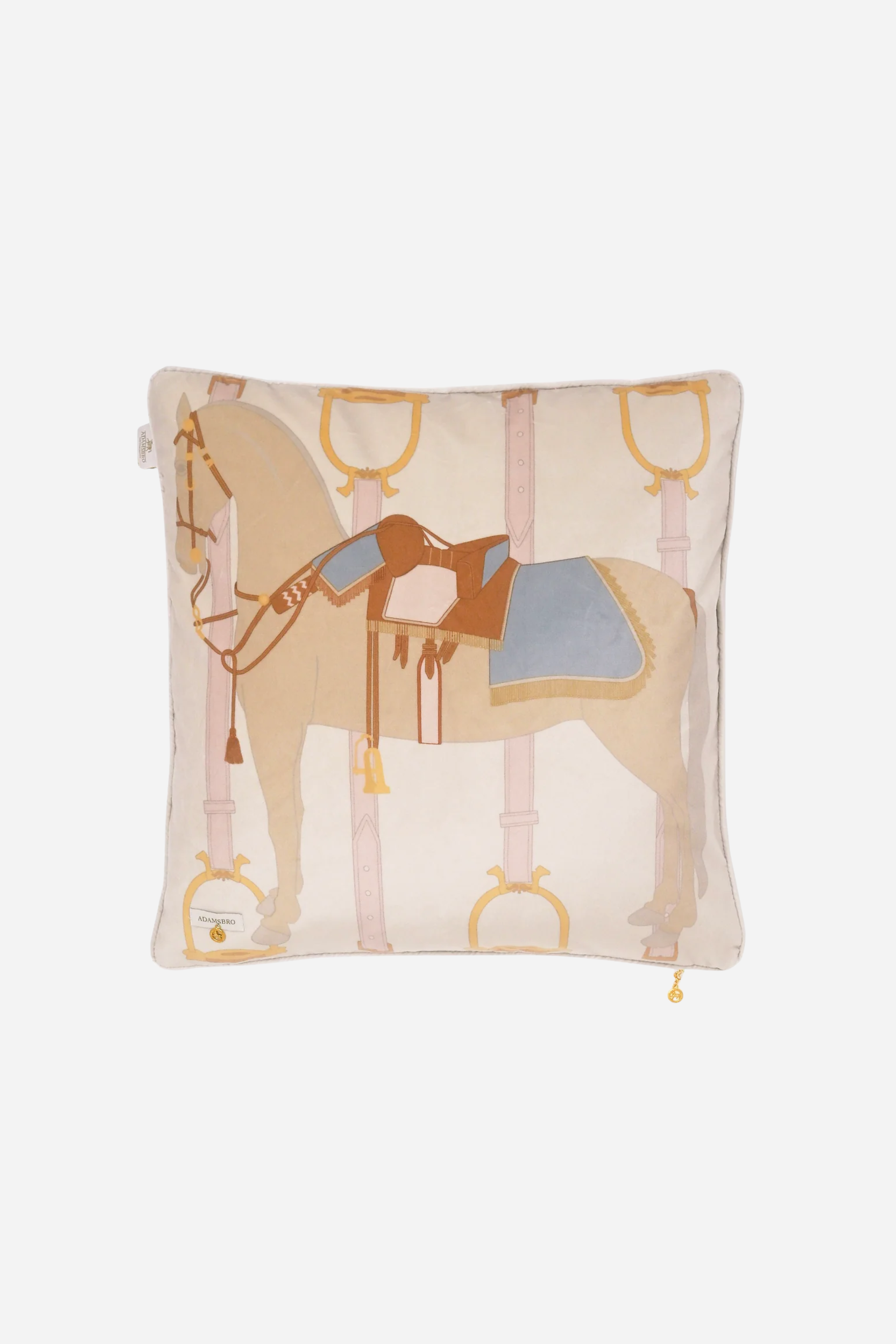 Heritage Horse pastel velvet pillow with equestrian-inspired design, luxury home décor cushion in off-white and beige tones, soft feather-filled insert, perfect for living rooms, bedrooms, or tack rooms. Decorative pillow with a soft brown horse design, featuring a blue and brown saddle. The background is light beige with subtle equestrian-themed accents. 