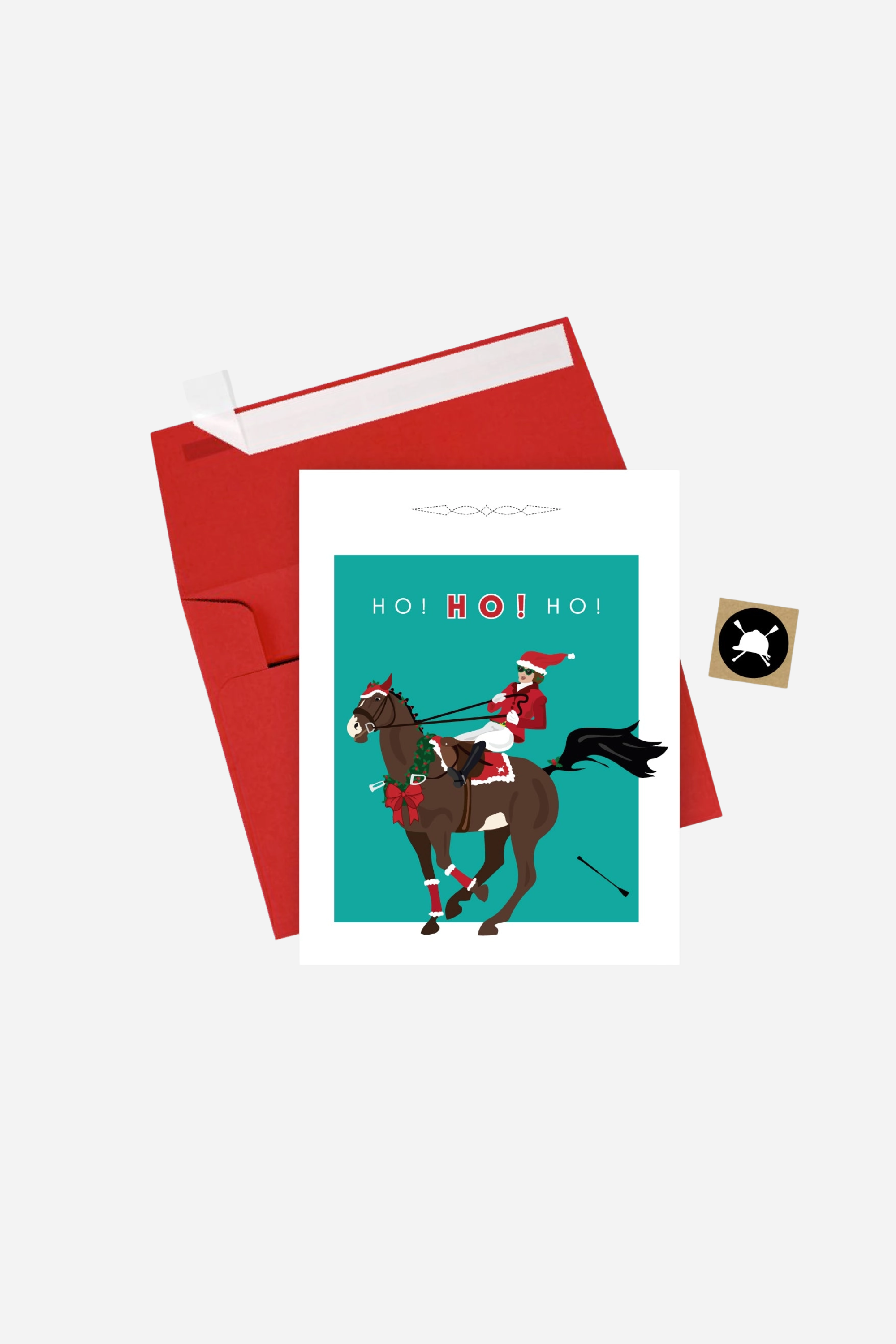 Ho! Ho! Ho! equestrian Christmas card printed on premium A2 14 pt unfinished card stock. Blank inside and packaged in a cellophane sleeve with envelope and seal. Perfect holiday greeting card for horse lovers and equestrian gift giving. Made in the USA. equestrian stationery, horse themed greeting cards, horse Christmas card, holiday horse card, gifts for horse lovers, equestrian holiday card, horse lover stationery, horse themed holiday card, premium equestrian card, made in USA greeting card.