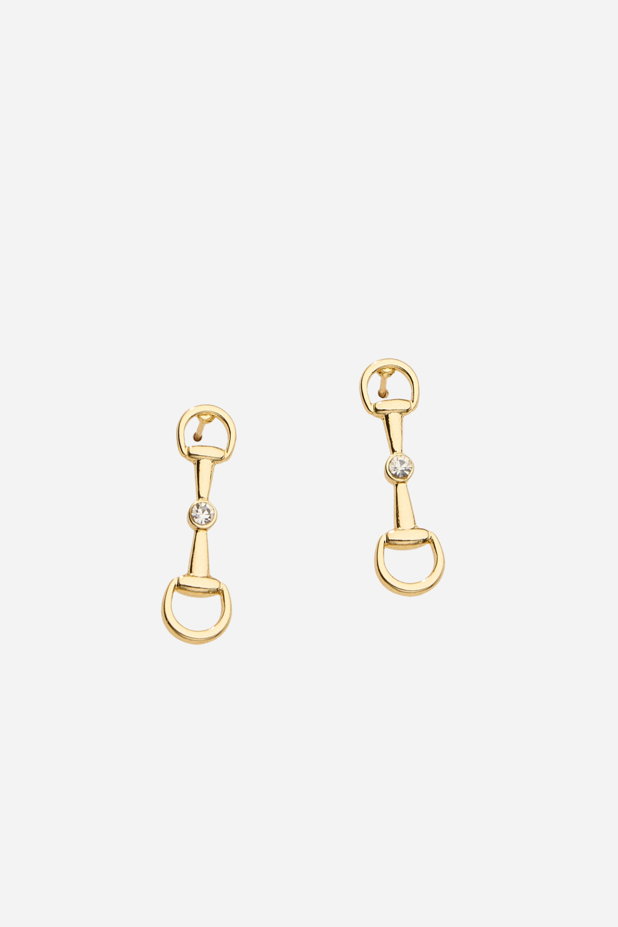 Gold equestrian bit drop earrings with crystal accents, lightweight 18k gold horse girl jewelry, dainty CZ stud earrings, elegant gift for equestrian lovers.