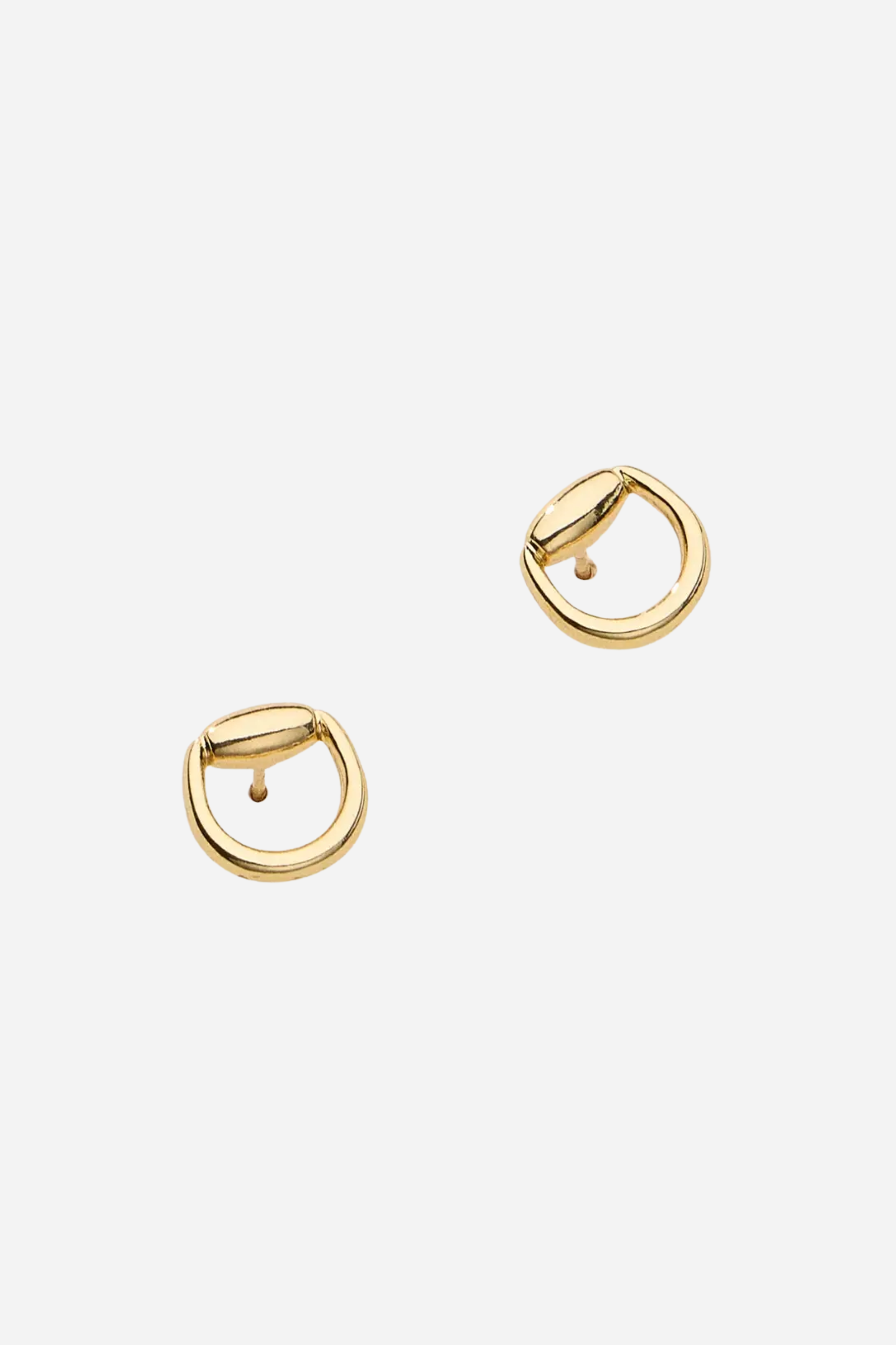 18k gold plated Hollis bit stud earrings with a minimalist half snaffle horse bit design, lightweight everyday equestrian jewelry.