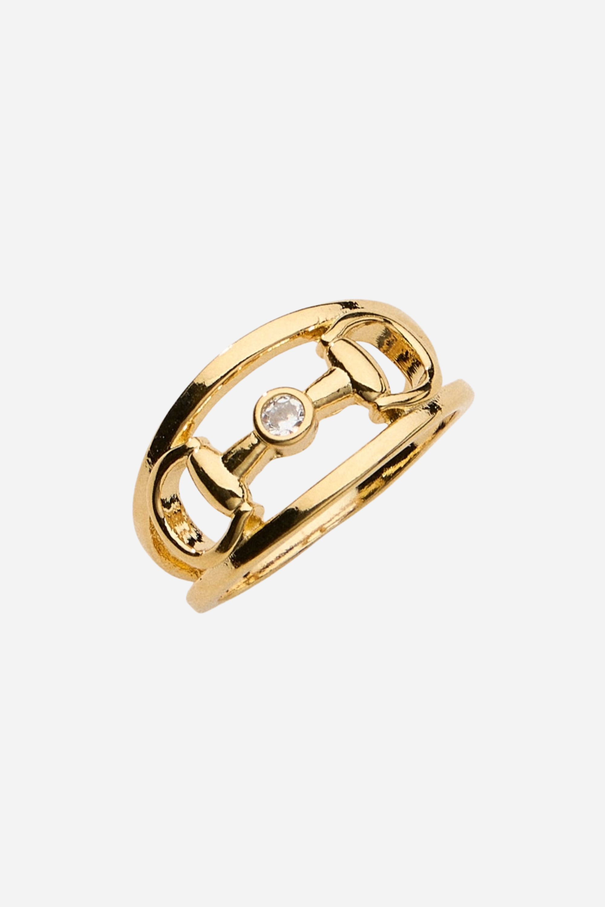 18k gold dipped Hollis double band ring featuring an equestrian horse bit centerpiece with a bezel-set crystal accent.
