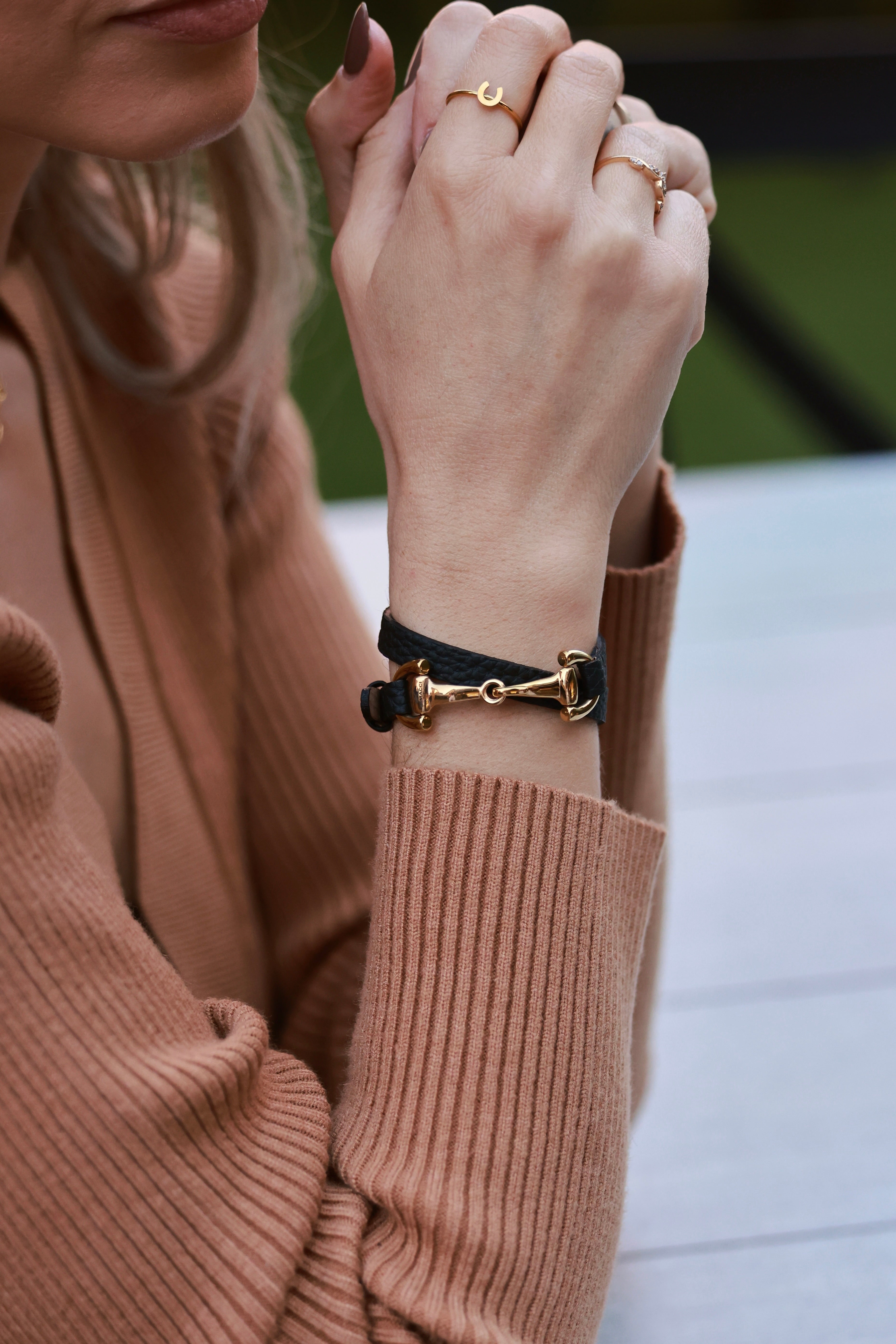 Ingrid Bit Wrap Bracelet by Stylish Equestrian x Dimacci, handmade in Germany from soft genuine leather with a polished stainless steel snaffle bit closure and adjustable buckle. Elegant equestrian accessory designed for smaller wrists.