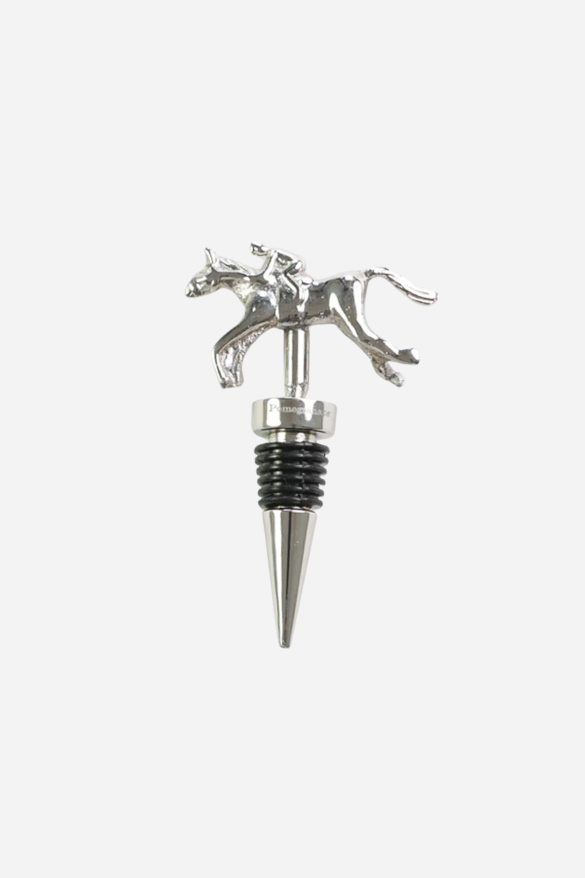 Pomegranate Jockey Bottle Stopper - Silver Elevate your entertaining with the Silver Jockey Bottle Stopper. Crafted with a charming horse & jockey design, this stopper not only preserves your wine's freshness but also adds a touch of equestrian elegance to your barware. Its durable construction ensures a secure fit, making it a delightful gift for horse lovers and wine enthusiasts alike.