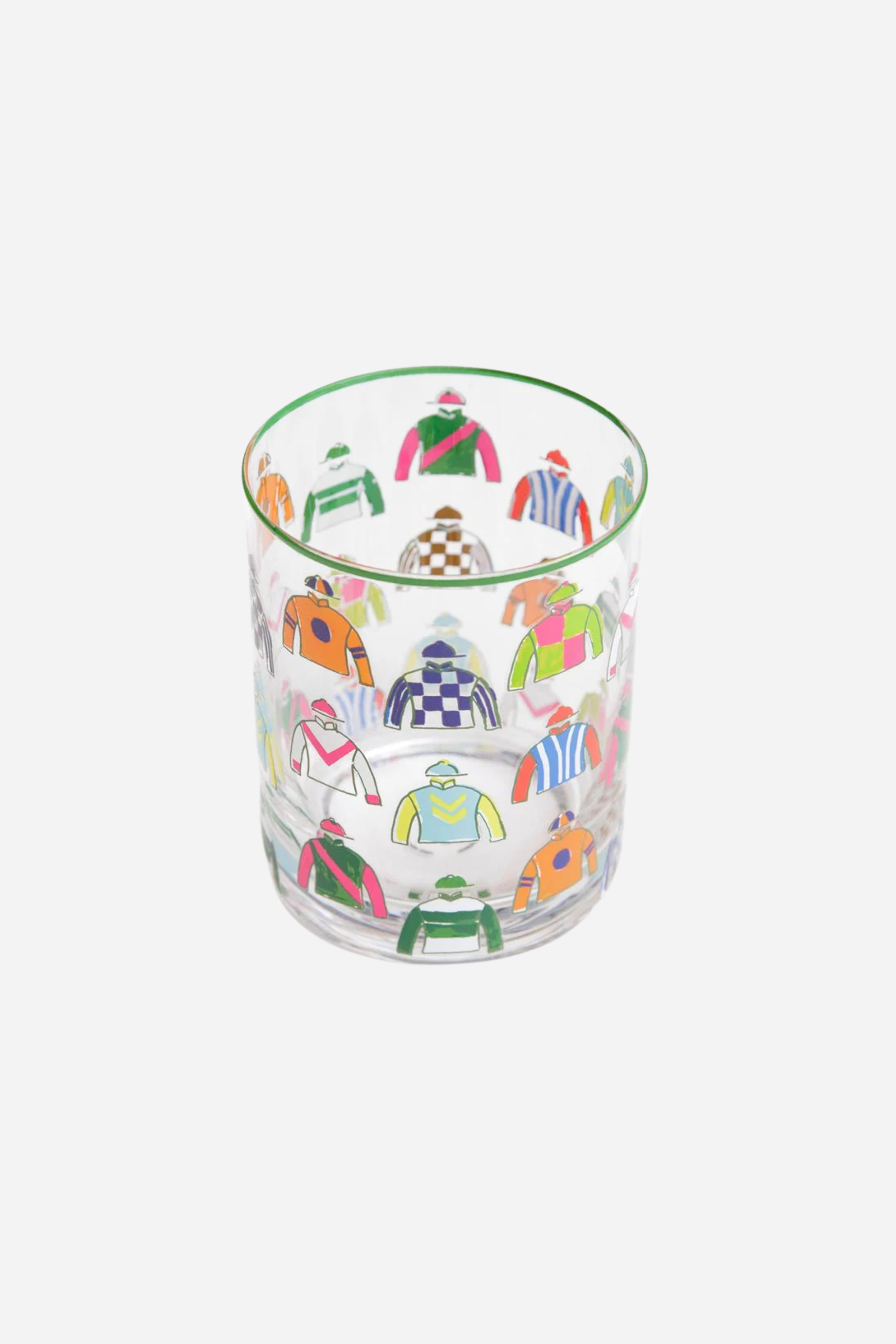 Pomegranate Jockey Silks Short Drinking Glass Set Get ready for the races with the Jockey Silks Bourbon Glass set. Each glass in this set of four is wrapped in a vibrant parade of racing silks, reminiscent of Derby Day at Churchill Downs or a crisp autumn afternoon at Keeneland. Whether you’ve got a colt in the running or you’re just here for the juleps, these glasses are a sure bet for any gathering.