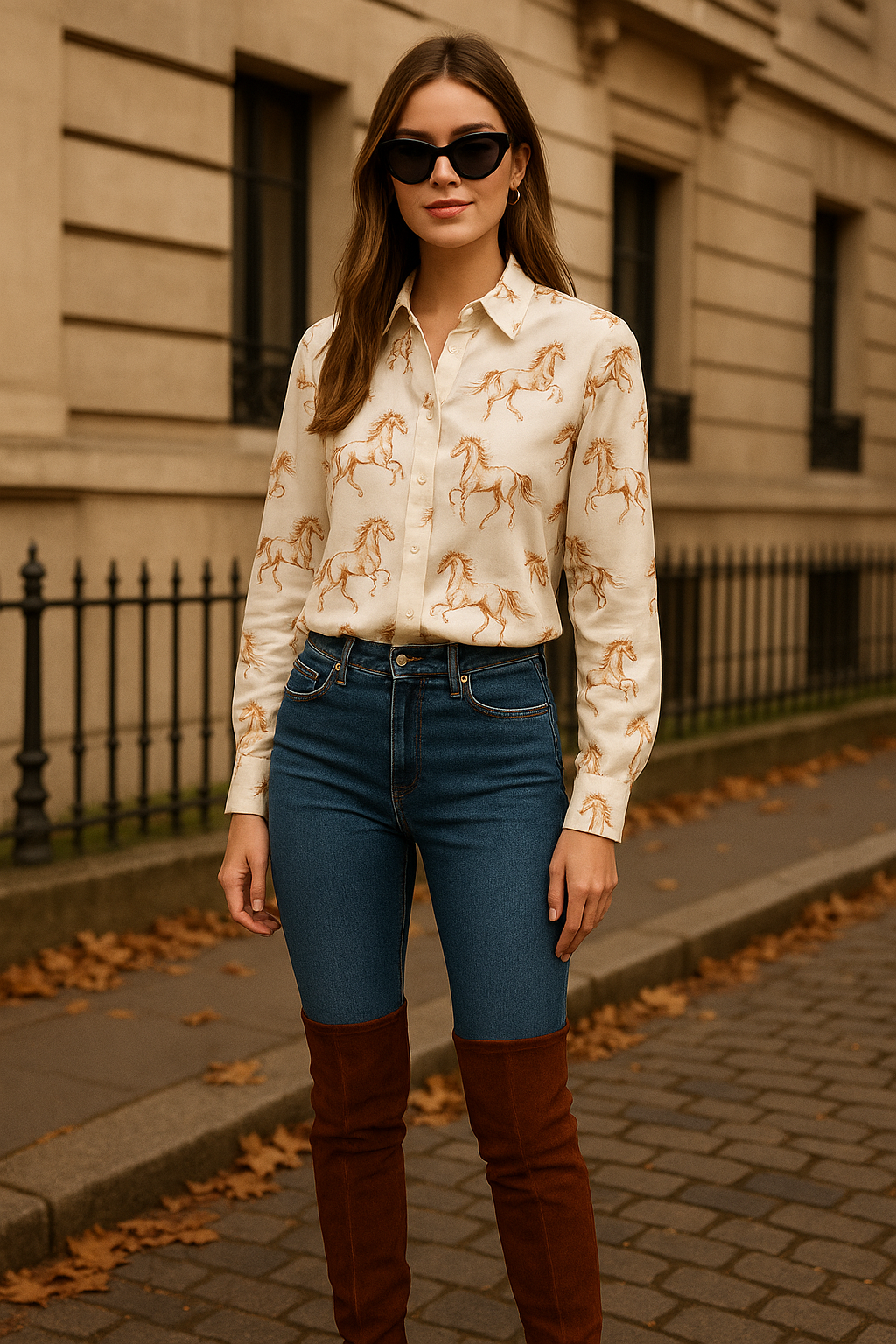 Women’s button-down blouse with a classic horse print, featuring a tailored silhouette, collar, and cuff details.