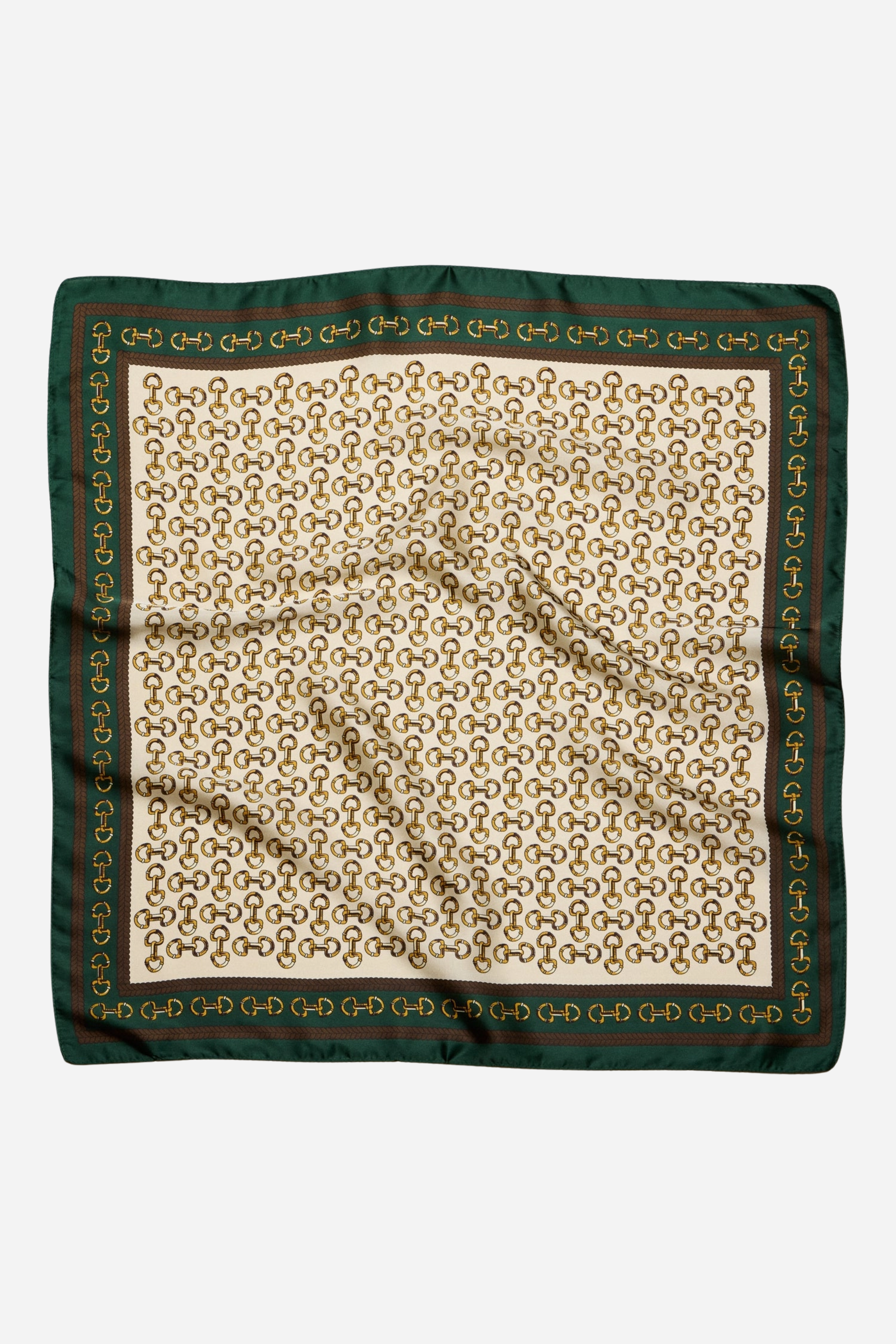 stylish equestrian jolie horse bit print scarf | Equestrian-inspired square scarf with a whimsical horse bit pattern, lightweight with a silk-like feel.