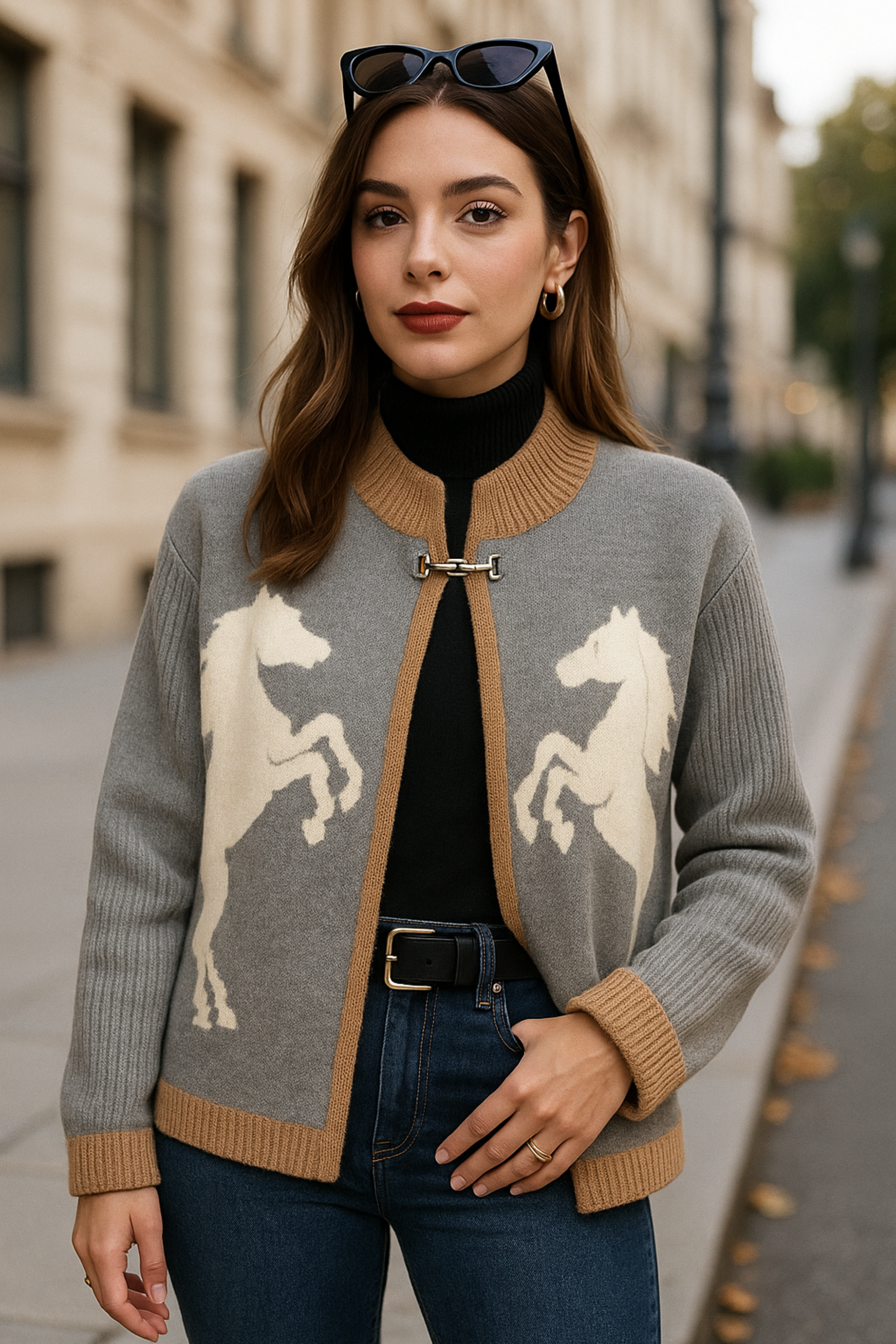A cream-colored intarsia-knit cardigan featuring rearing horse motifs, a functional bit toggle closure at the chest, a ribbed stand collar, ribbed sleeves, and contrasting camel trim. The equestrian-inspired Lily Horse & Bit Cardigan has a structured, cozy design and a timeless, elevated look.