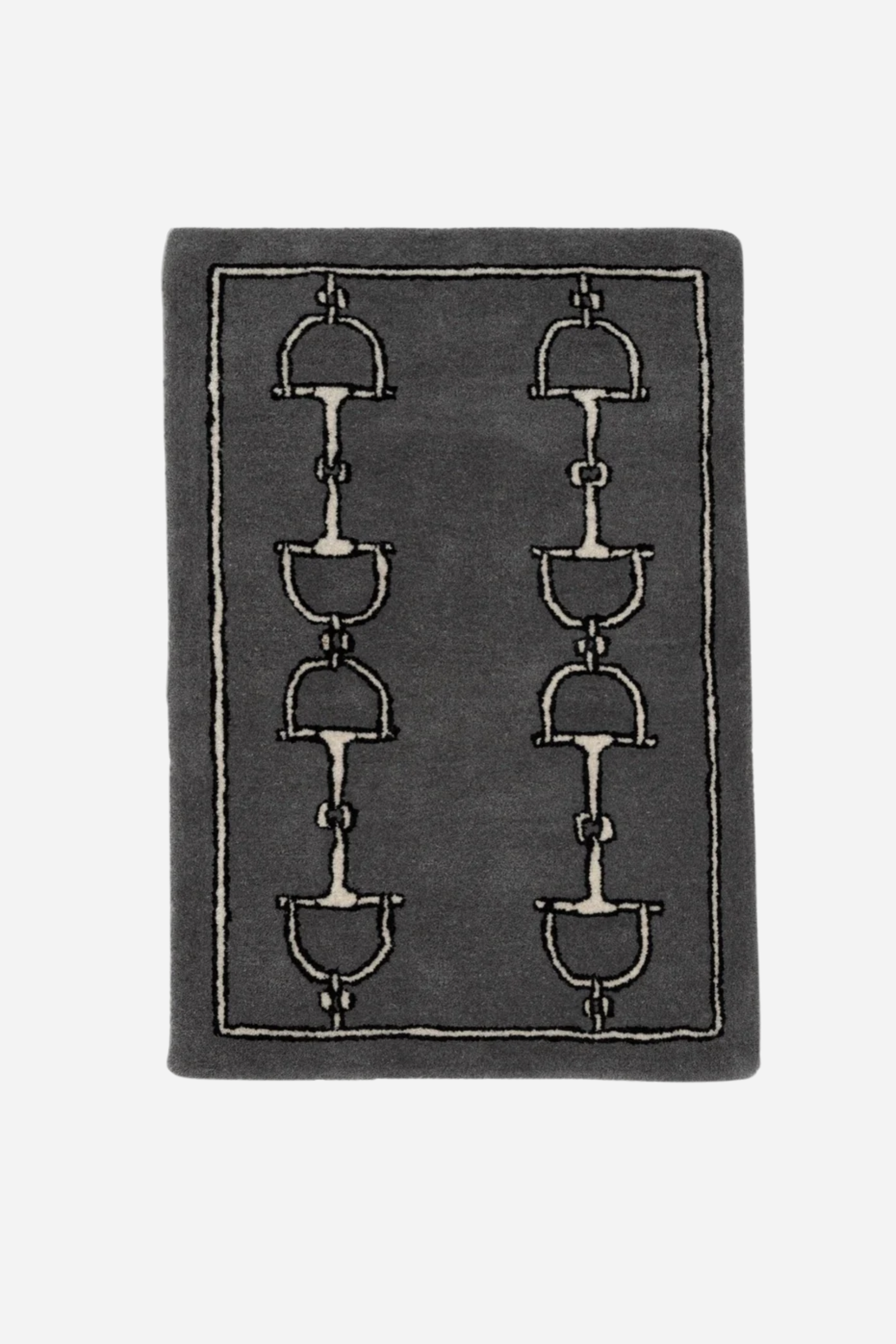 Gray rug with a pattern of bridles and bits in two vertical rows. Framed by a simple border, the design adds a touch of elegance and classic style. equestrian home décor, horse themed rug, luxury equestrian barn accessories, tufted wool rug, saddle room décor, barn entryway mat, horse bit design rug, equestrian gift ideas, stylish horse barn décor