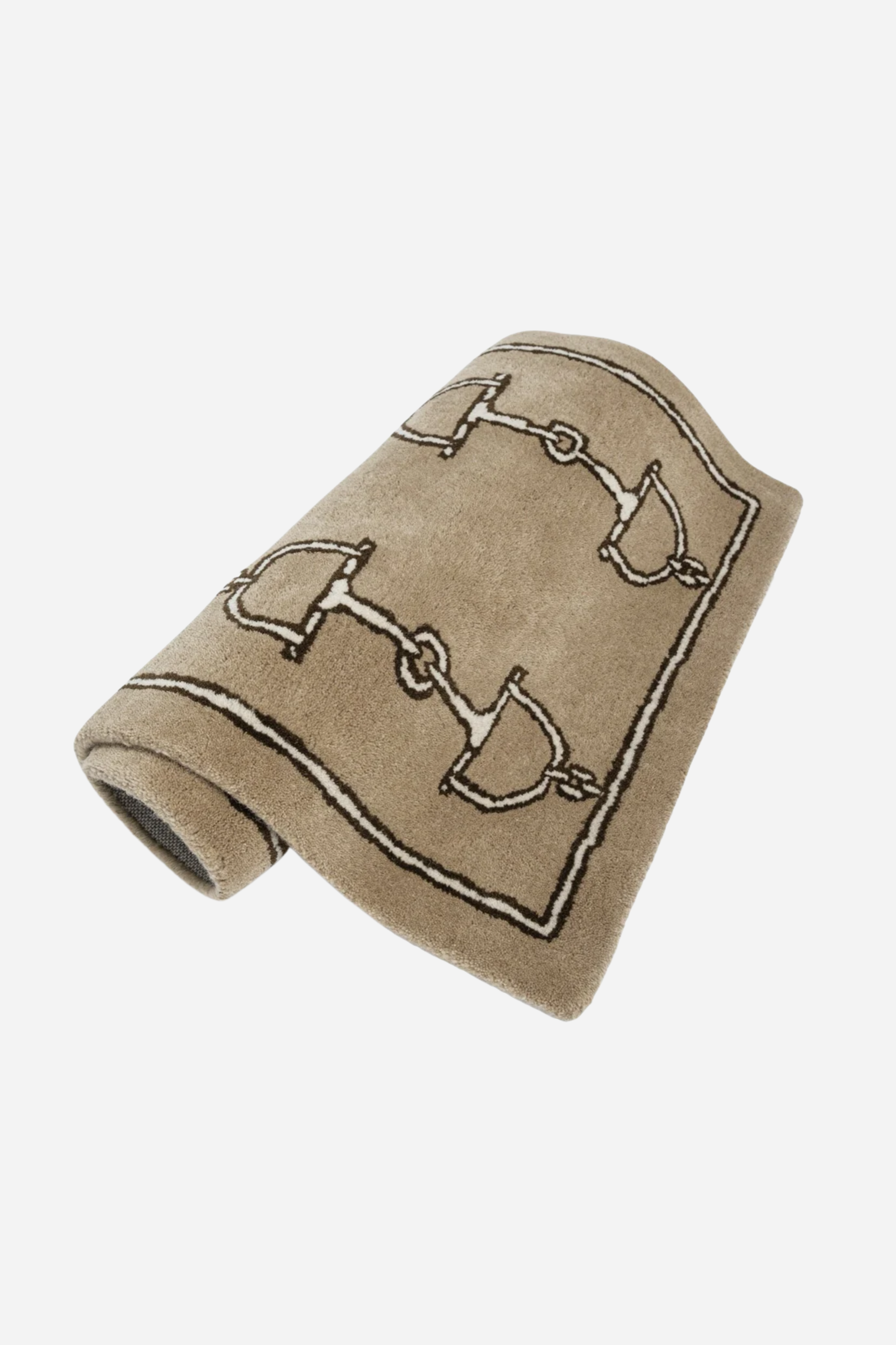 Tan rug featuring a pattern of dark brown horse bits aligned vertically in two columns with a matching dark brown border. Simple and elegant design. equestrian inspired snaffle bit print rug horse themed home decor