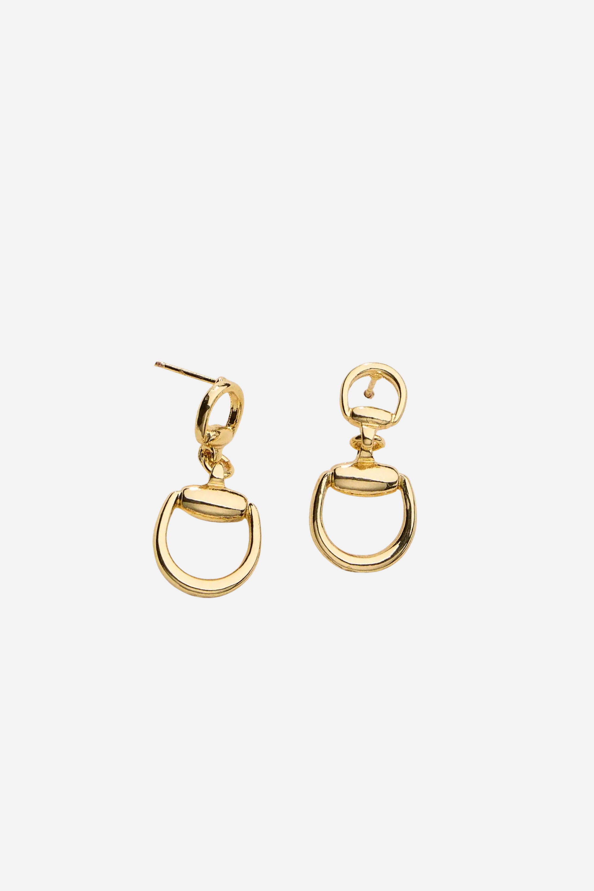 Gold d-ring drop earrings with interlocking circular links, minimalist 18k gold statement jewelry, modern equestrian-inspired earrings for women.