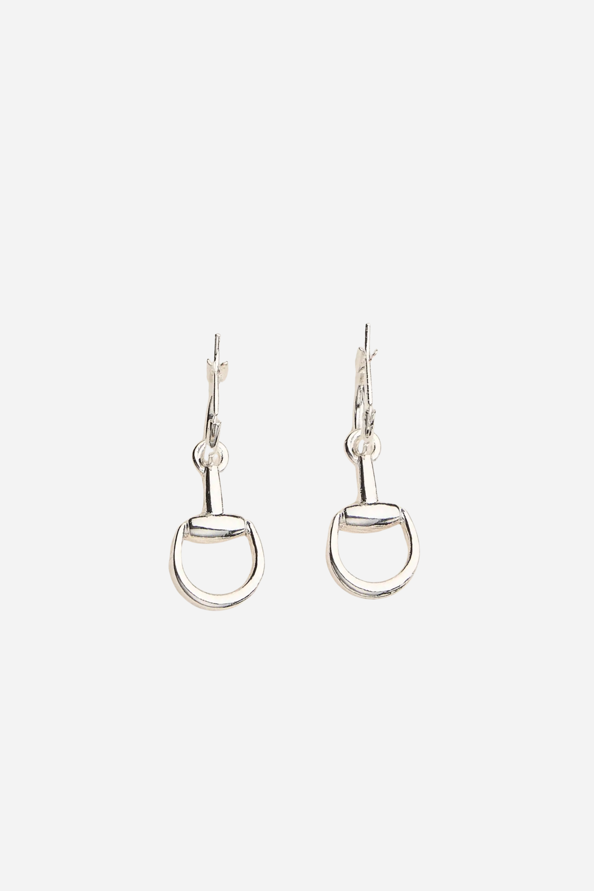 Silver equestrian huggie hoop earrings with stirrup design, lightweight horse bit jewelry, dainty horse girl earrings, elegant gift for equestrian lovers.