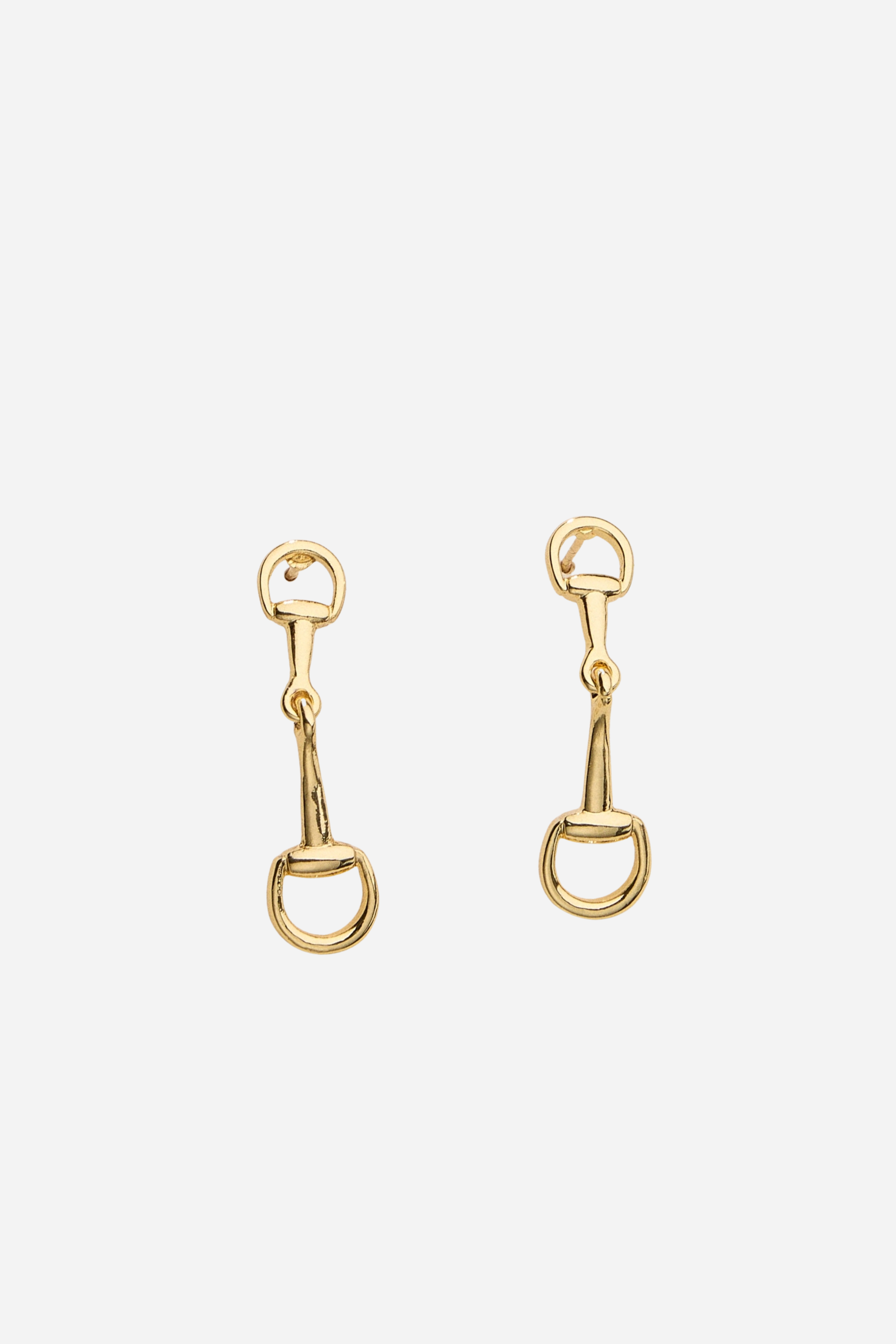 Gold equestrian dangle earrings with horse bit design, lightweight 18k gold drop earrings for women, dainty horse girl jewelry, elegant gift for equestrian lovers.