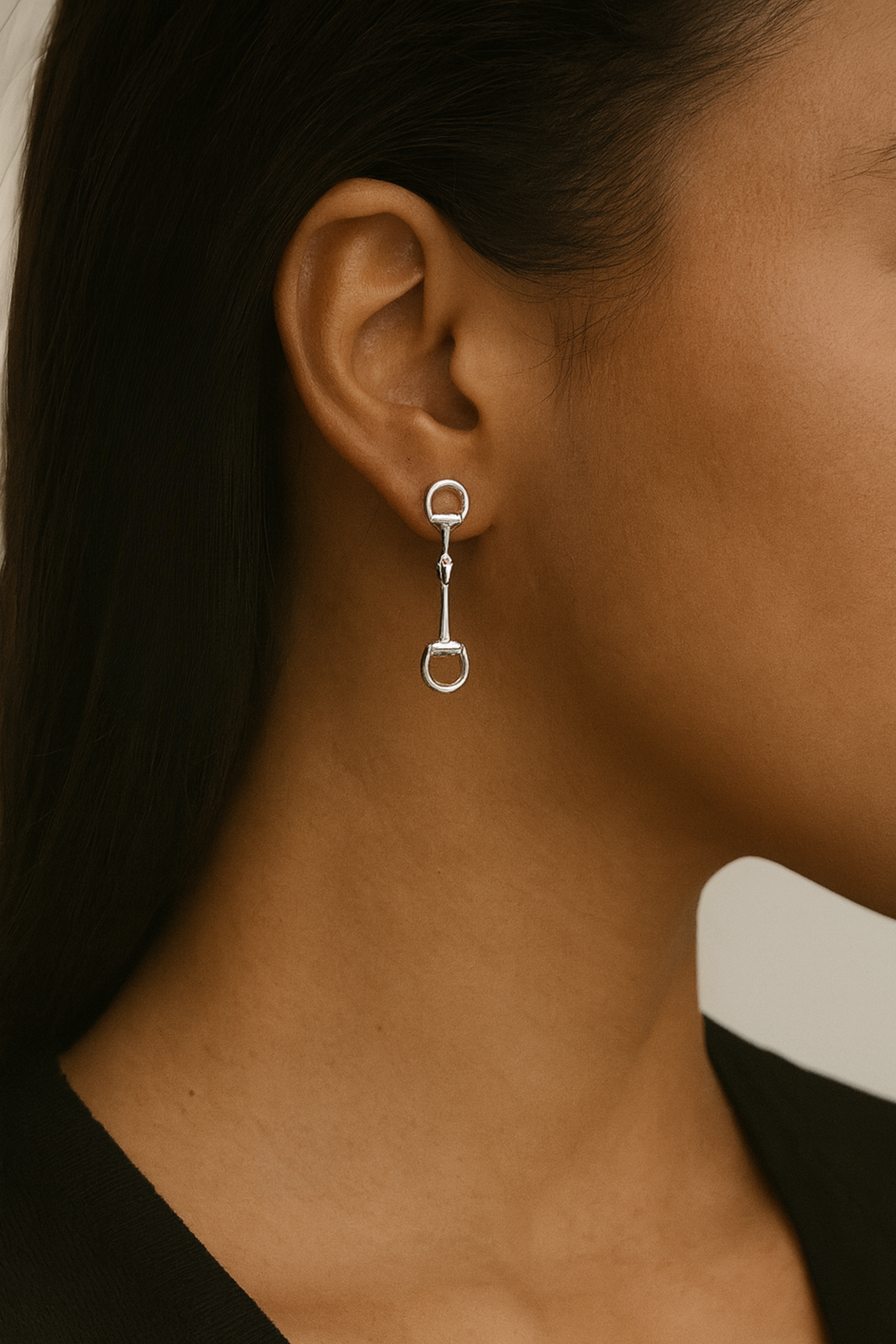 Silver equestrian drop earrings with double-loop horse bit design, lightweight dangle earrings for women, dainty horse girl jewelry, elegant gift for equestrian lovers.