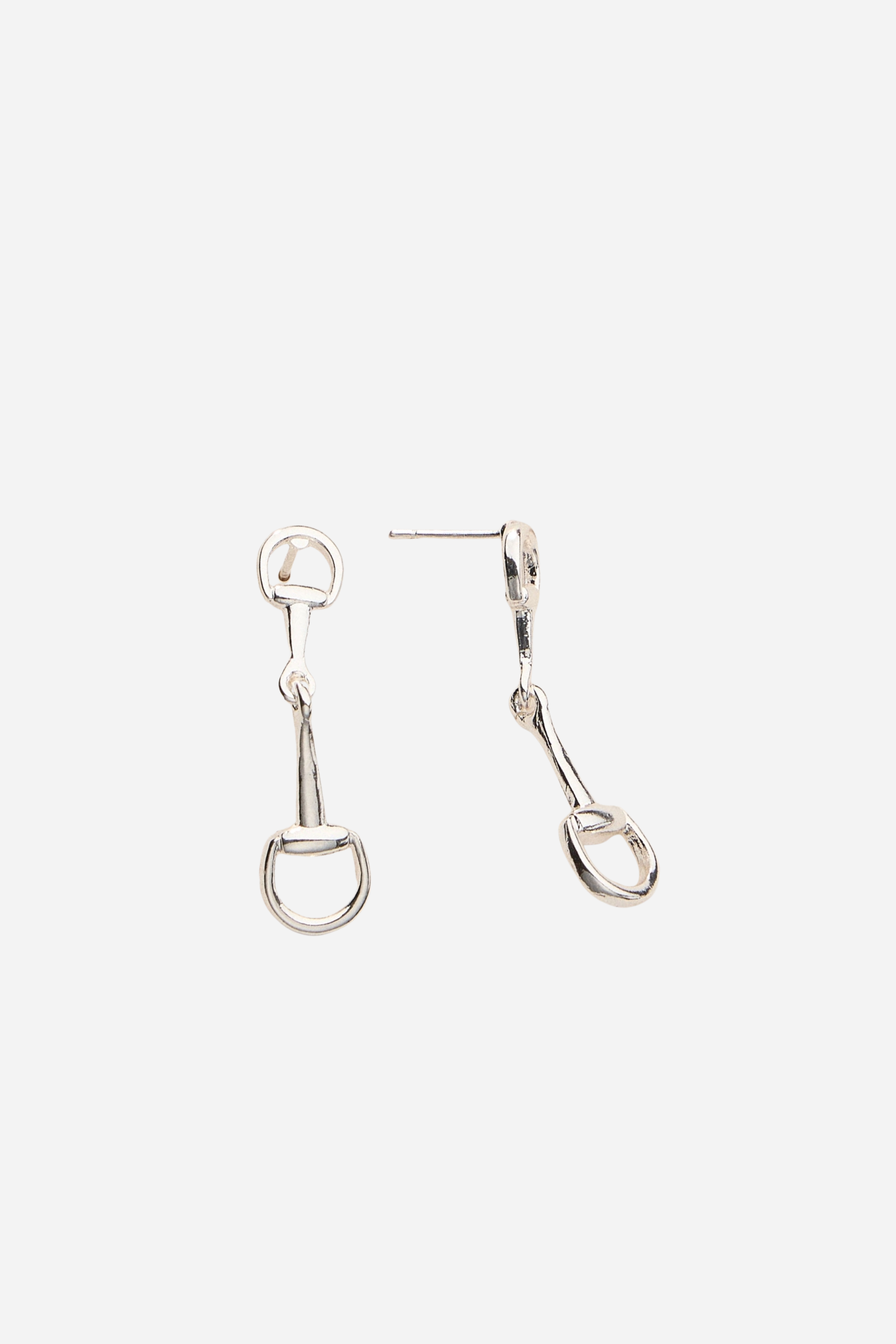 Silver equestrian drop earrings with double-loop horse bit design, lightweight dangle earrings for women, dainty horse girl jewelry, elegant gift for equestrian lovers.
