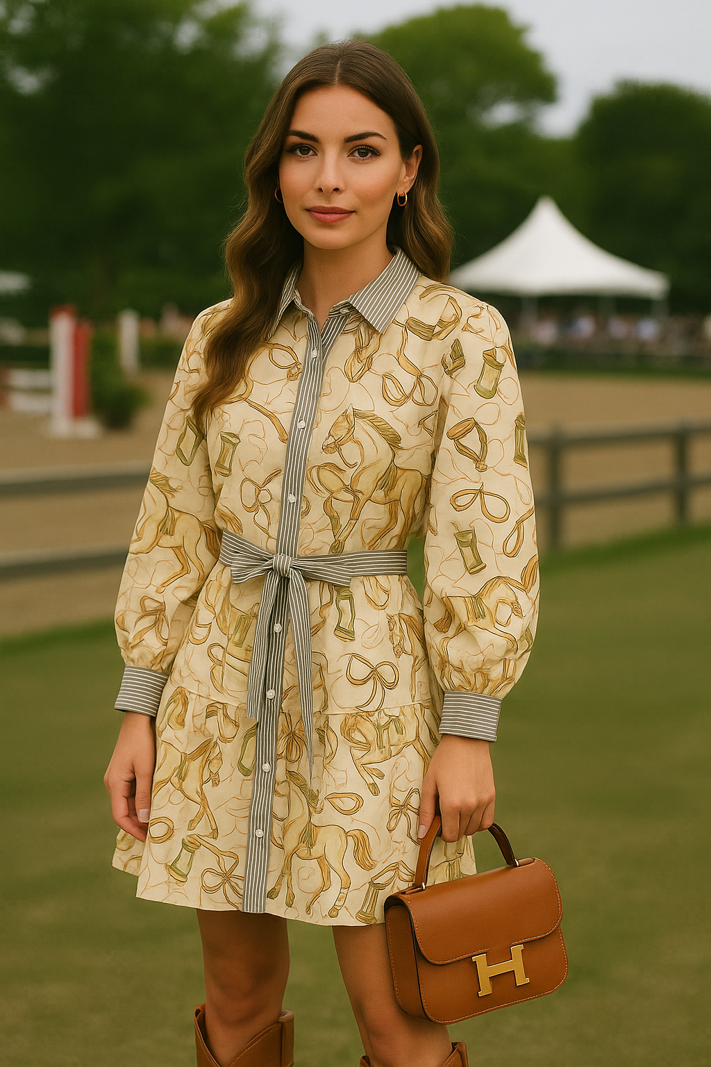 Woman in a patterned dress holding a brown handbag on a grassy field at a horse show