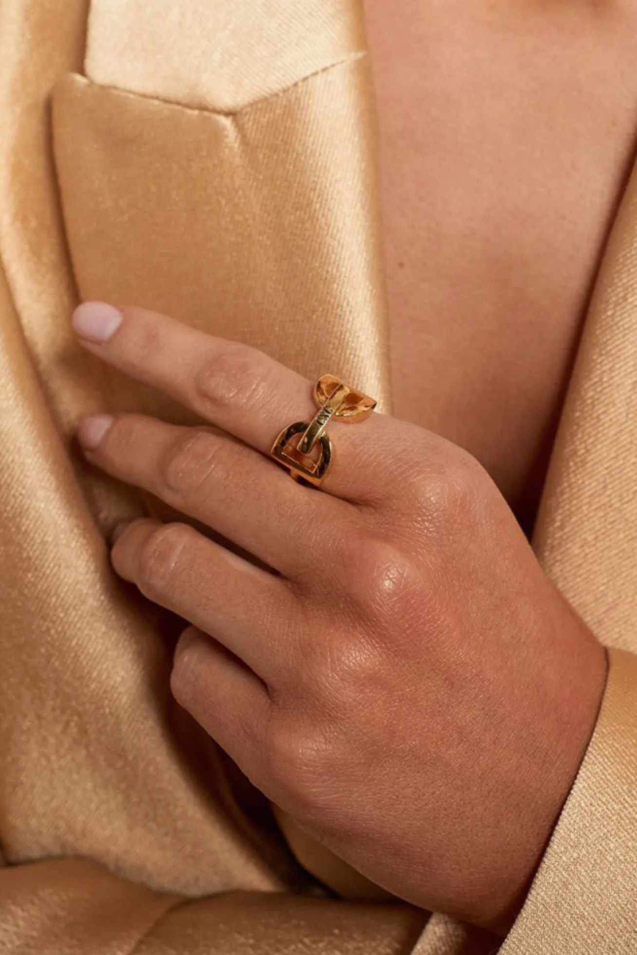 Mila D-ring style ring in gold plated brass with slightly oversized equestrian-inspired design. equestrian ring, D-ring ring, horse bit ring, equestrian jewelry, horse jewelry, horse girl jewelry