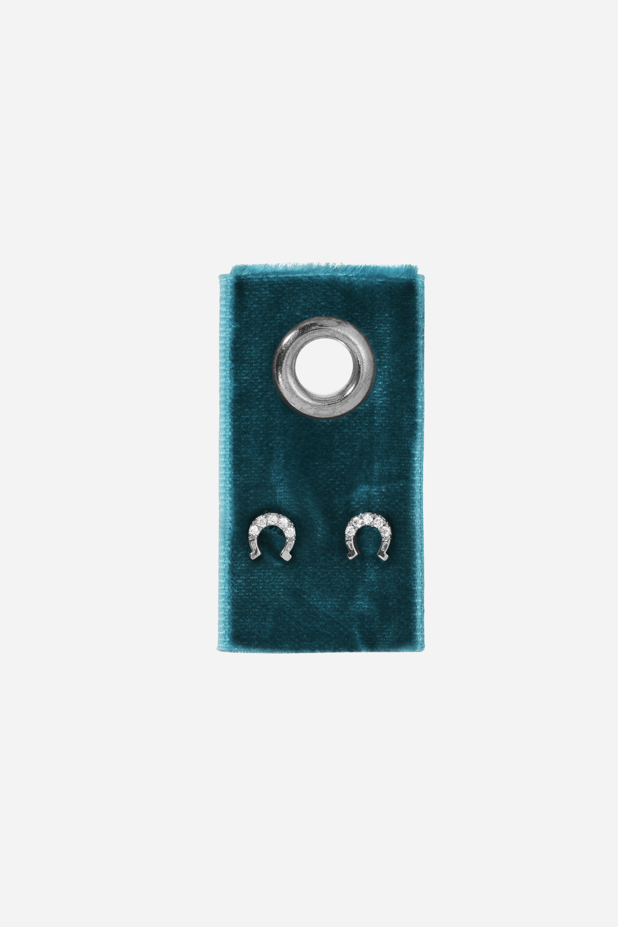 Dainty equestrian horseshoe stud earrings crafted from rhodium-plated brass with sparkling CZ accents.