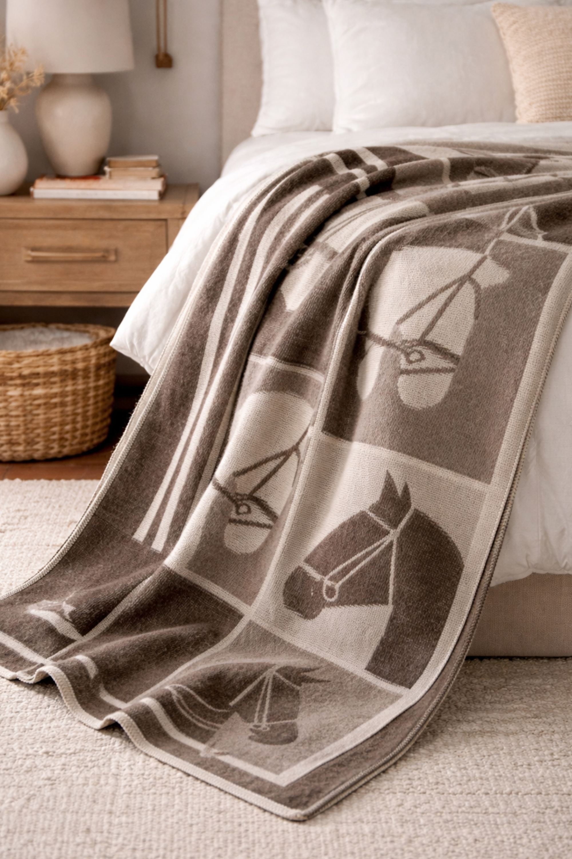 Equestrian lambswool throw blanket with reversible pattern and neutral tones for home decor. equestrian throw blanket, horse motif throw, equestrian blanket, horse blanket decor, equestrian home decor, horse themed throw