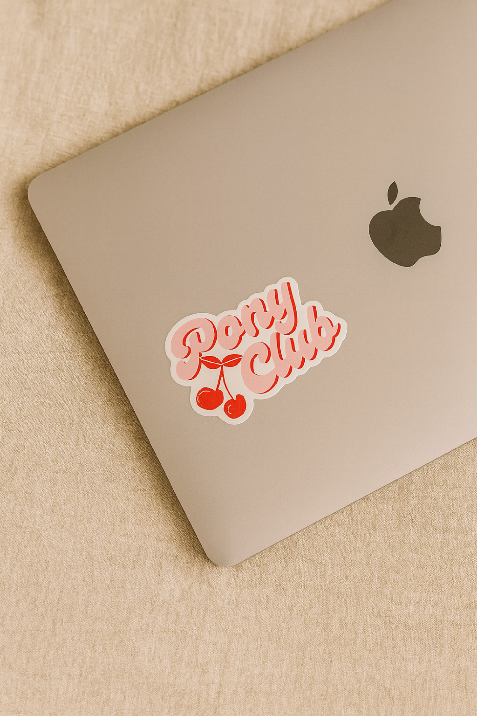 “Pony Club” sticker featuring a trendy pony and cherry design. Semi-gloss vinyl, 3x1.88 inches, removable die-cut equestrian-themed sticker — perfect for decorating notebooks, laptops, or gifts for horse lovers.