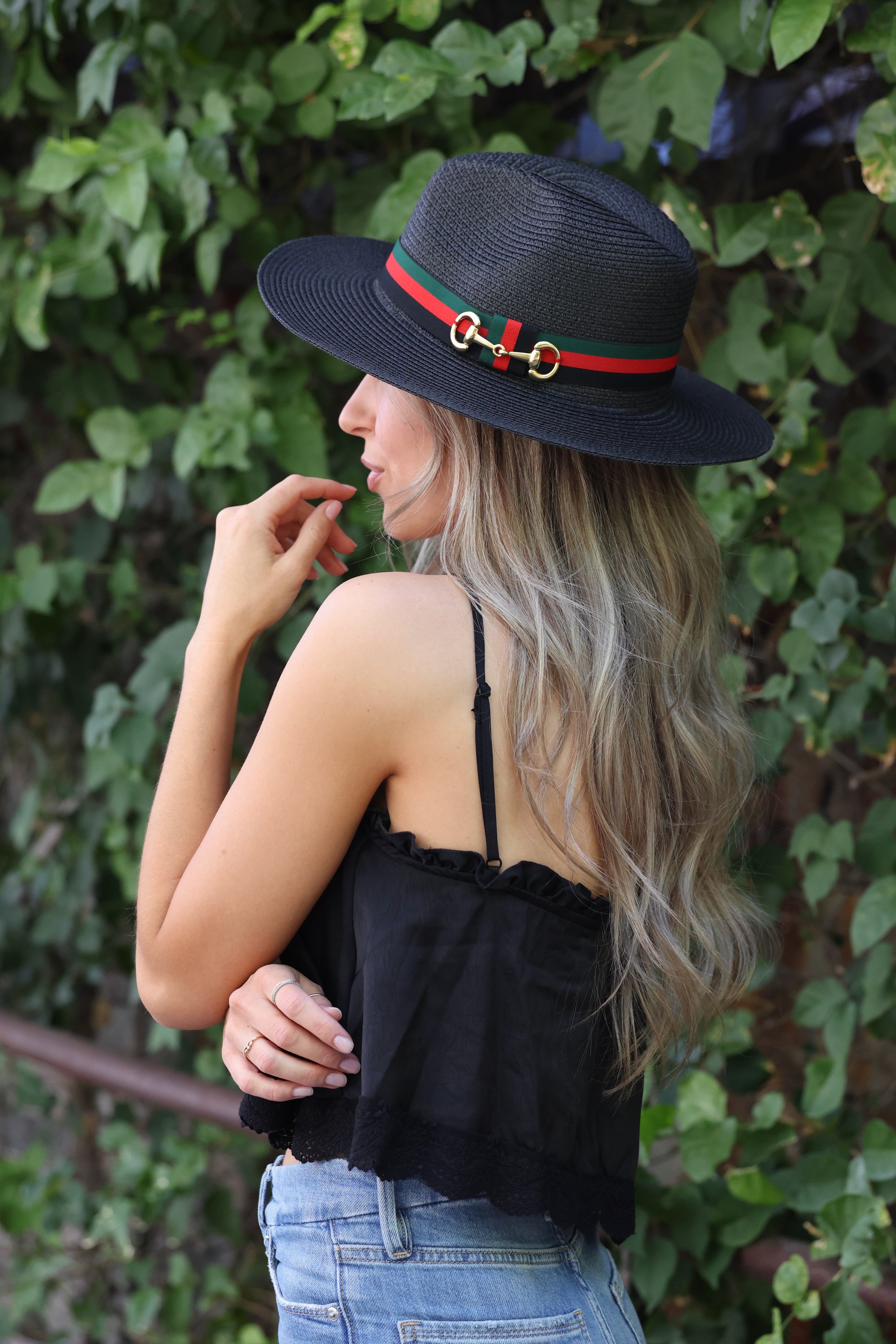 Equestrian-inspired panama sun hat with stripe ribbon, horse bit detail, and adjustable inner band. sun hat, straw sun hat, panama hat, paper straw hat, summer hat, wide brim hat