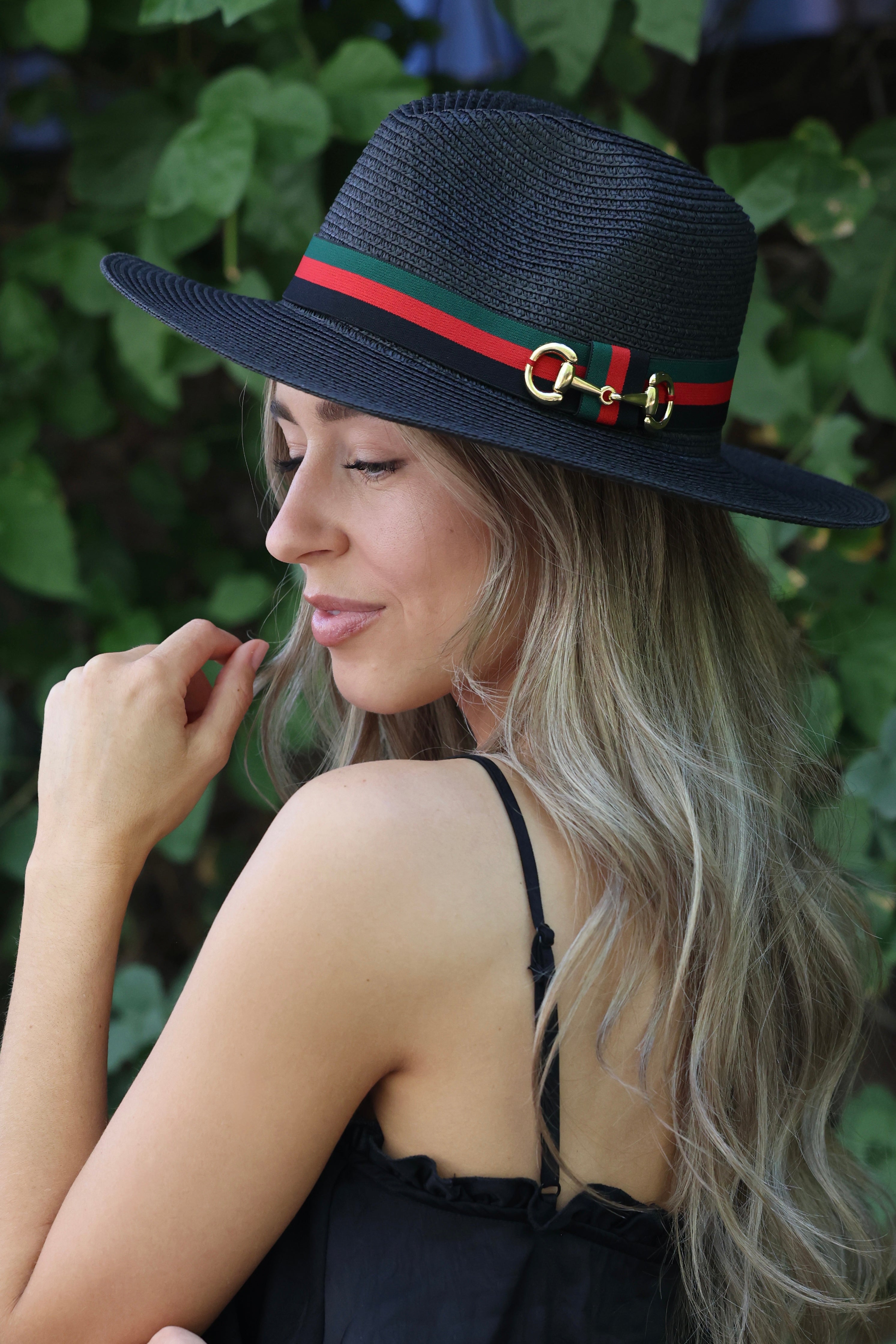 Equestrian-inspired panama sun hat with stripe ribbon, horse bit detail, and adjustable inner band. sun hat, straw sun hat, panama hat, paper straw hat, summer hat, wide brim hat