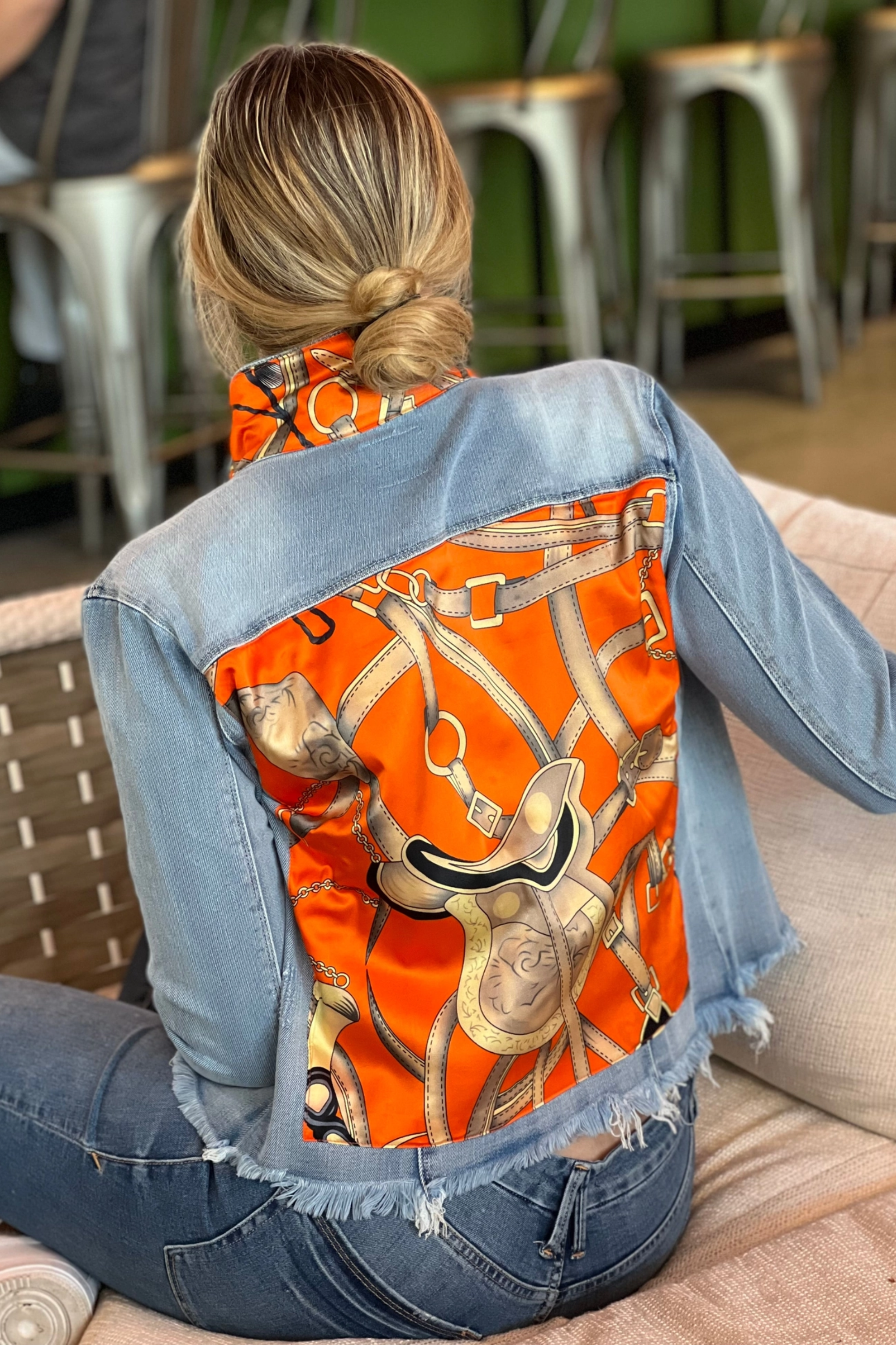 Raine Denim Jacket - Tangelo, equestrian apparel, horse print jean jacket, horse motif scarf pattern, horse girl apparel, The most comfortable denim jacket you will ever wear. Light in weight with lots of stretch! Machine washable, hang to dry. Jackets run true to size. 