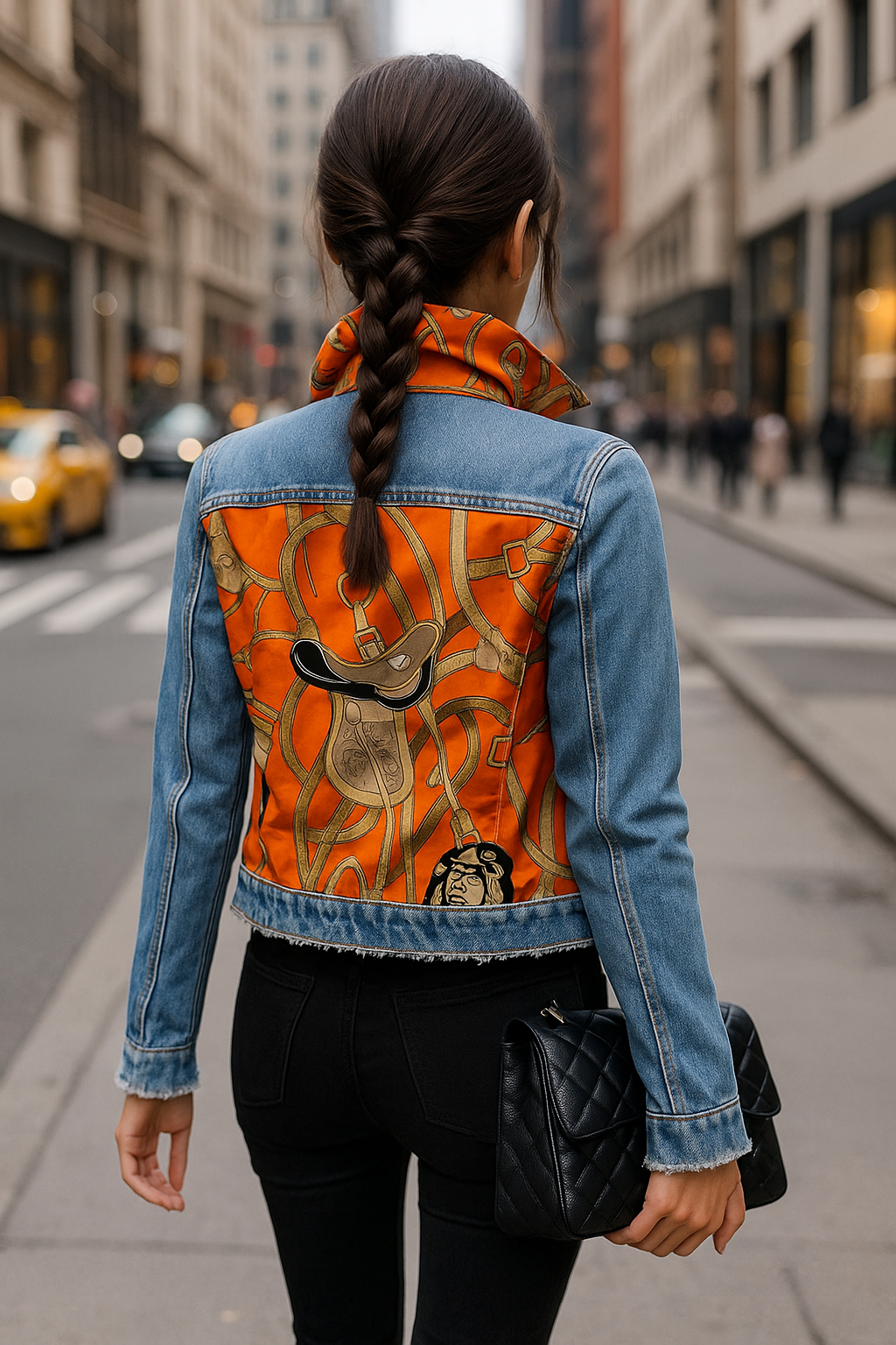 Raine Denim Jacket - Tangelo, equestrian apparel, horse print jean jacket, horse motif scarf pattern, horse girl apparel, The most comfortable denim jacket you will ever wear. Light in weight with lots of stretch! Machine washable, hang to dry. Jackets run true to size. 