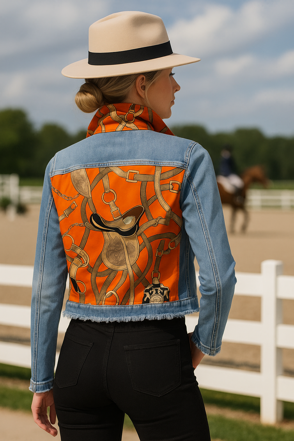 Raine Denim Jacket - Tangelo, equestrian apparel, horse print jean jacket, horse motif scarf pattern, horse girl apparel, The most comfortable denim jacket you will ever wear. Light in weight with lots of stretch! Machine washable, hang to dry. Jackets run true to size. 