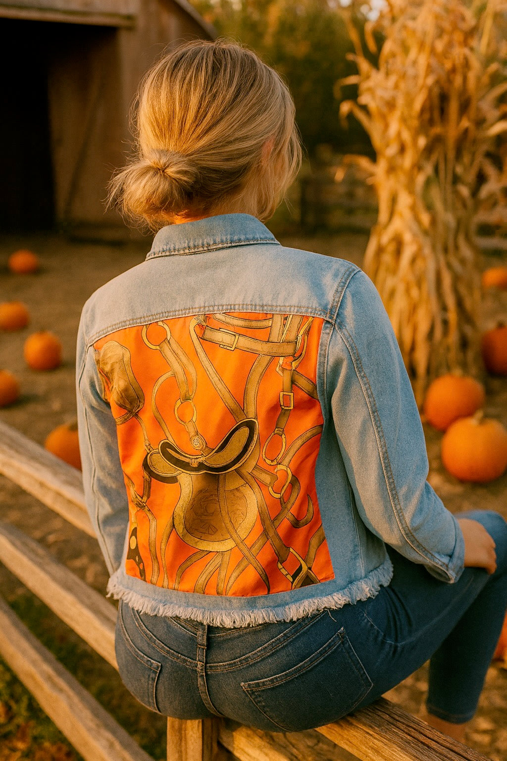 Raine Denim Jacket - Tangelo, equestrian apparel, horse print jean jacket, horse motif scarf pattern, horse girl apparel, The most comfortable denim jacket you will ever wear. Light in weight with lots of stretch! Machine washable, hang to dry. Jackets run true to size. 