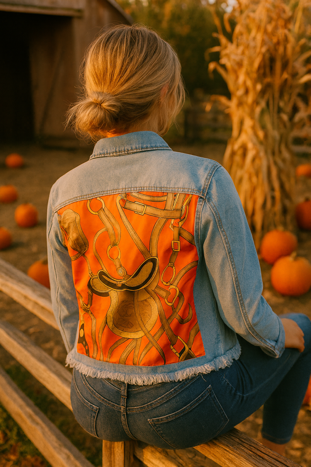 Person wearing a denim jacket with a horse and pumpkin design, sitting in a pumpkin patch. Raine Denim Jacket - Tangelo, equestrian apparel, horse print jean jacket, horse motif scarf pattern, horse girl apparel, The most comfortable denim jacket you will ever wear. Light in weight with lots of stretch! Machine washable, hang to dry. Jackets run true to size. 