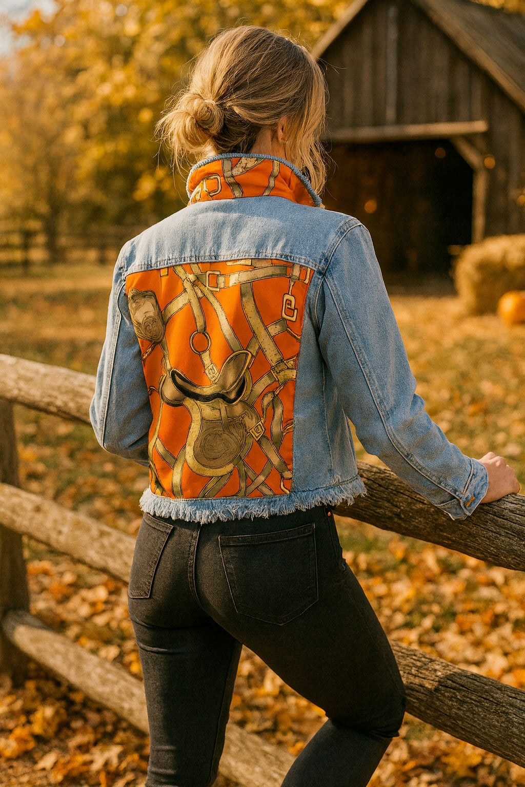 Raine Denim Jacket - Tangelo, equestrian apparel, horse print jean jacket, horse motif scarf pattern, horse girl apparel, The most comfortable denim jacket you will ever wear. Light in weight with lots of stretch! Machine washable, hang to dry. Jackets run true to size. 