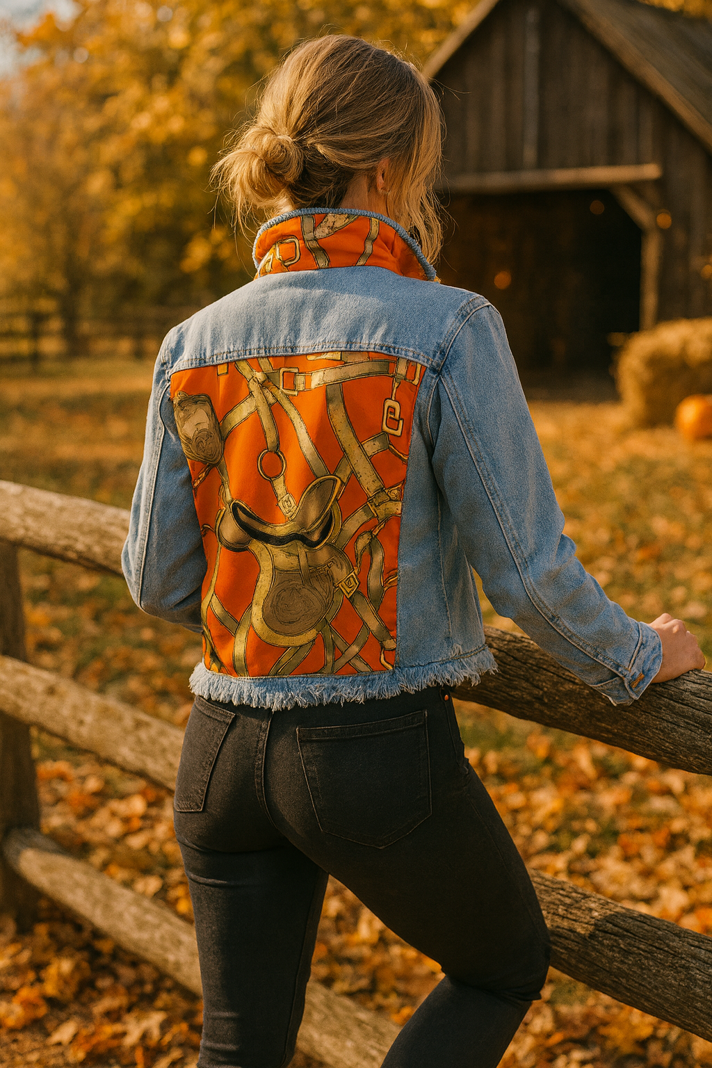 Person wearing a denim jacket with a horse bridle design in an autumn setting. Raine Denim Jacket - Tangelo, equestrian apparel, horse print jean jacket, horse motif scarf pattern, horse girl apparel, The most comfortable denim jacket you will ever wear. Light in weight with lots of stretch! Machine washable, hang to dry. Jackets run true to size. 