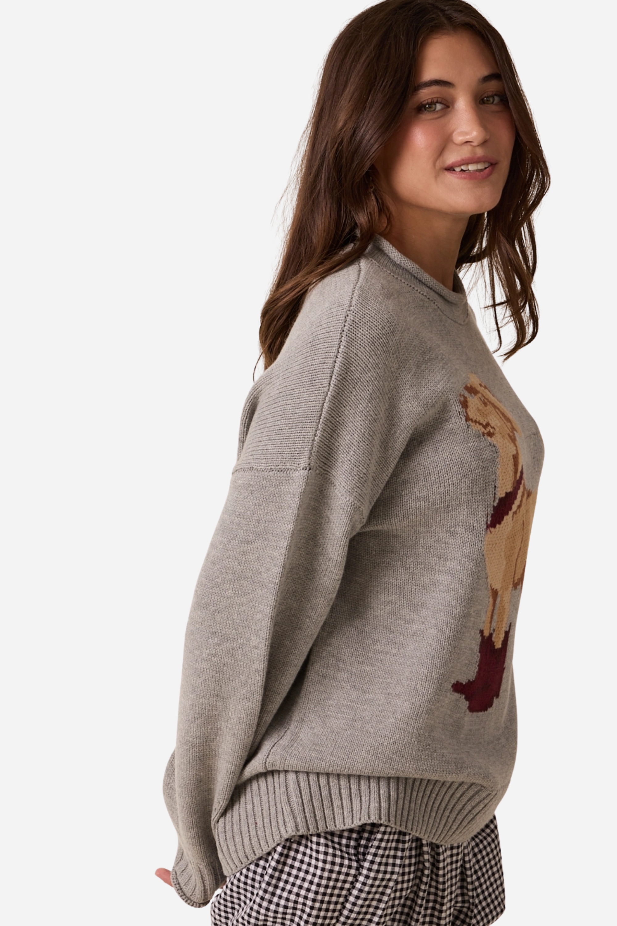 A cozy Ralph Western Sweater featuring a playful knit dog wearing a cowboy hat, boots, and scarf. The pullover has a relaxed fit with ribbed hems and cuffs, a mock neck, and a soft cotton-acrylic knit. Shown in heather grey or rust, styled casually with jeans. WESTERN DOG MOTIF PULLOVER SWEATER - WESTERN COWYBOY GRAPHIC, ANIMAL, DOG, LOOSE AND COMFORTABLE