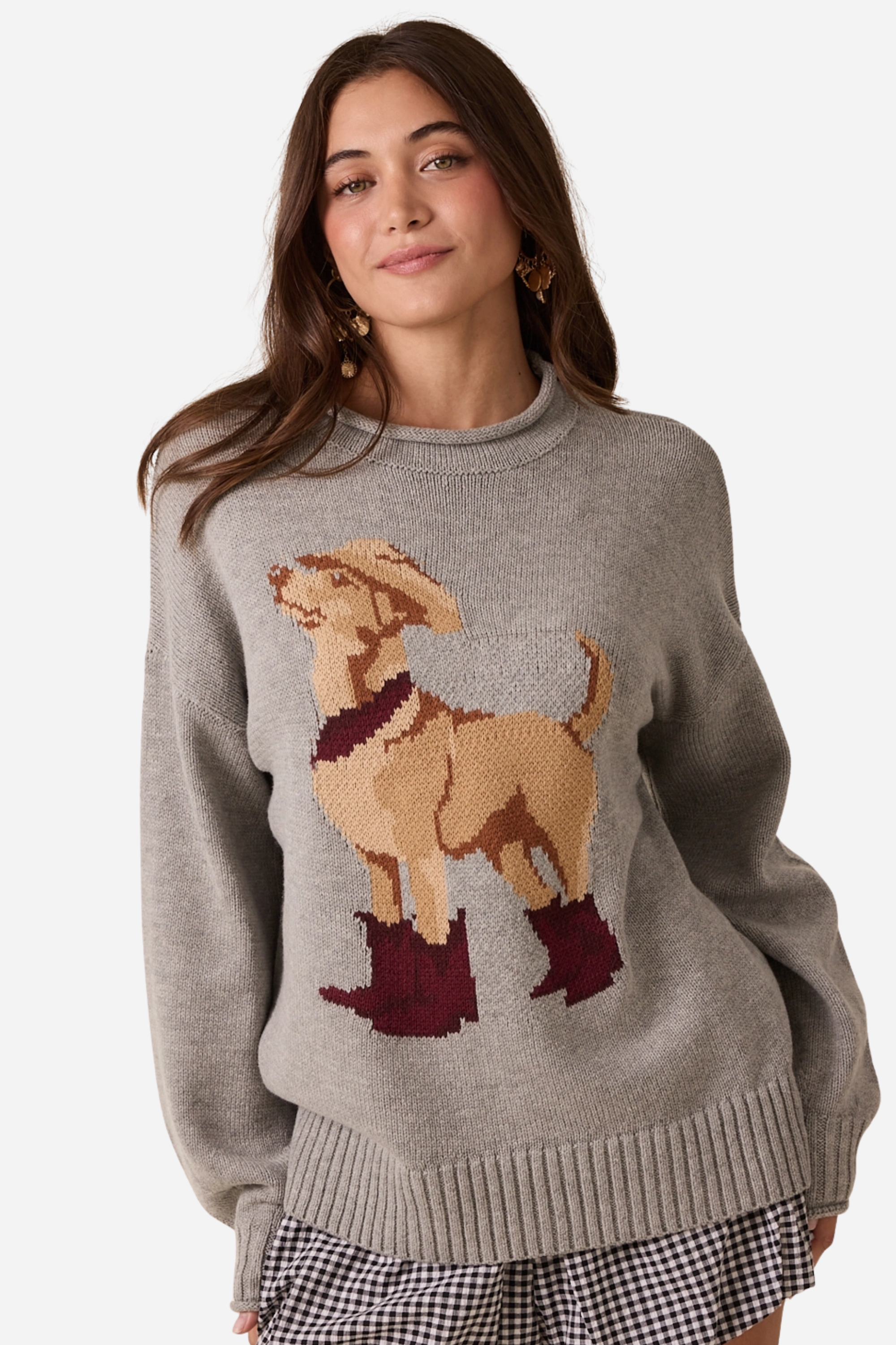 A cozy Ralph Western Sweater featuring a playful knit dog wearing a cowboy hat, boots, and scarf. The pullover has a relaxed fit with ribbed hems and cuffs, a mock neck, and a soft cotton-acrylic knit. Shown in heather grey or rust, styled casually with jeans. WESTERN DOG MOTIF PULLOVER SWEATER - WESTERN COWYBOY GRAPHIC, ANIMAL, DOG, LOOSE AND COMFORTABLE