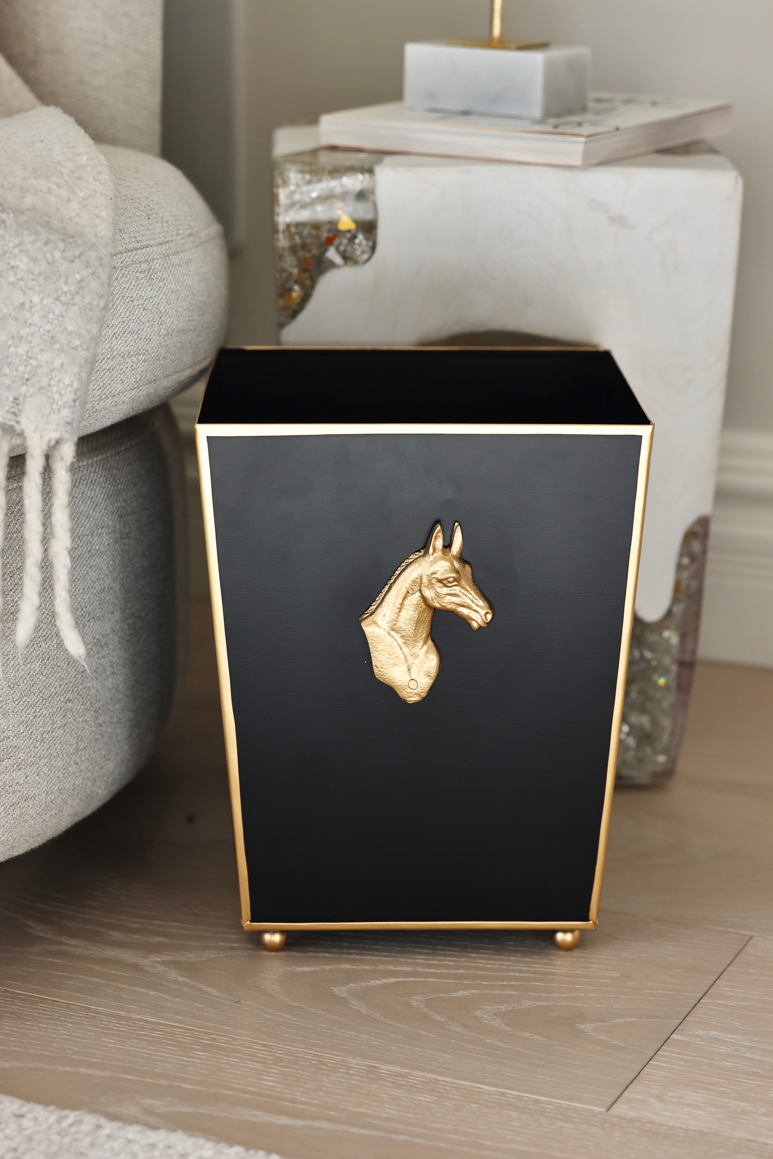 stylish equestrian regency waste basket with gold horse head