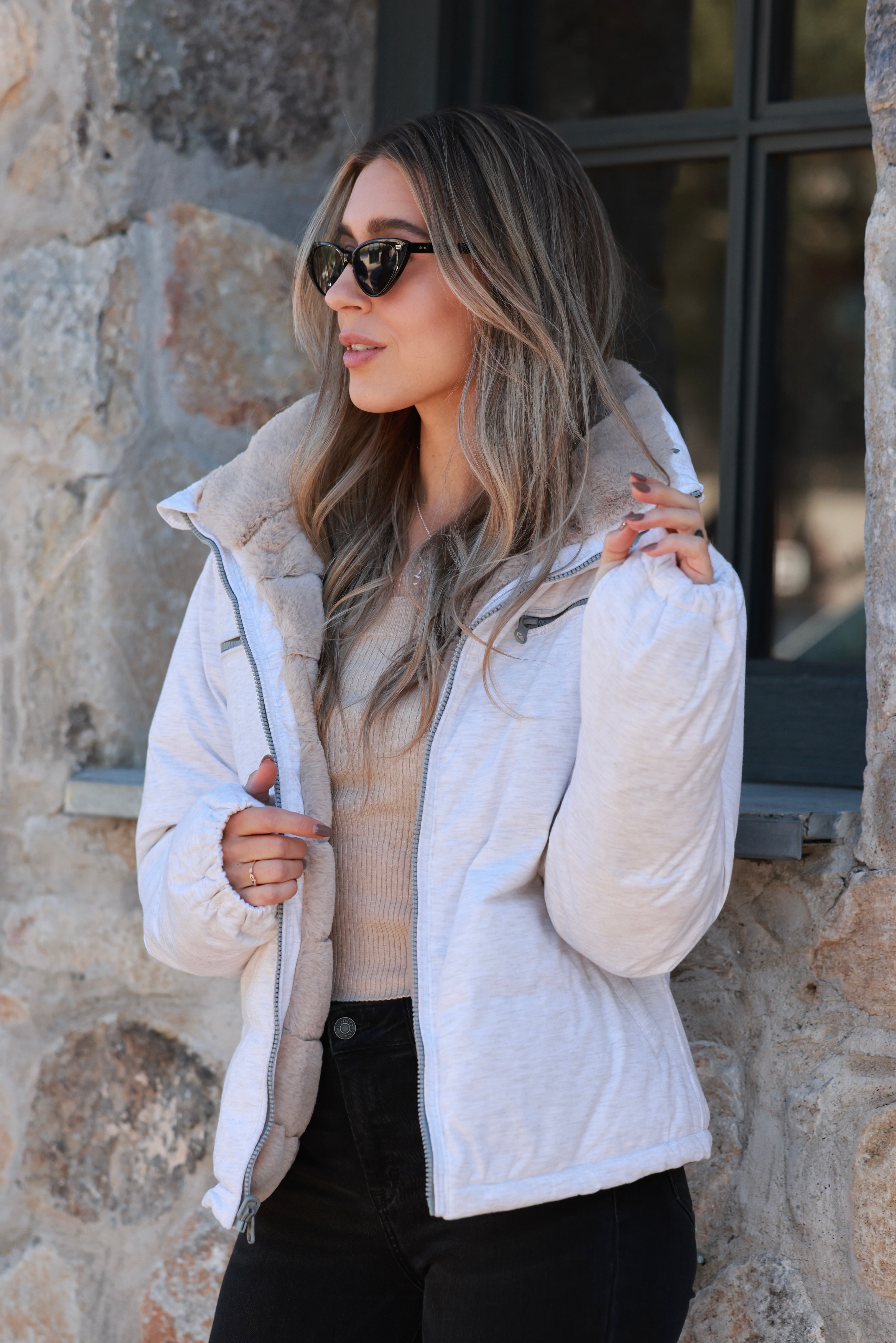 Reversible Puffer Jacket - Cloud Dancer, Reversible puffer jacket, Faux fur lined coat, Winter adventure jacket, Black insulated puffer, Stylish outdoor layer, The Adventurer Puffer Jacket is the perfect layer of luxury and warmth for your outdoor adventures. Crafted with reversible styling, adjustable waist drawstrings, and a faux fur lining for those chilly days, this jacket pairs fashion and function. Plus, thumbholes and a hidden hood in the collar guarantee comfort and convenience. 