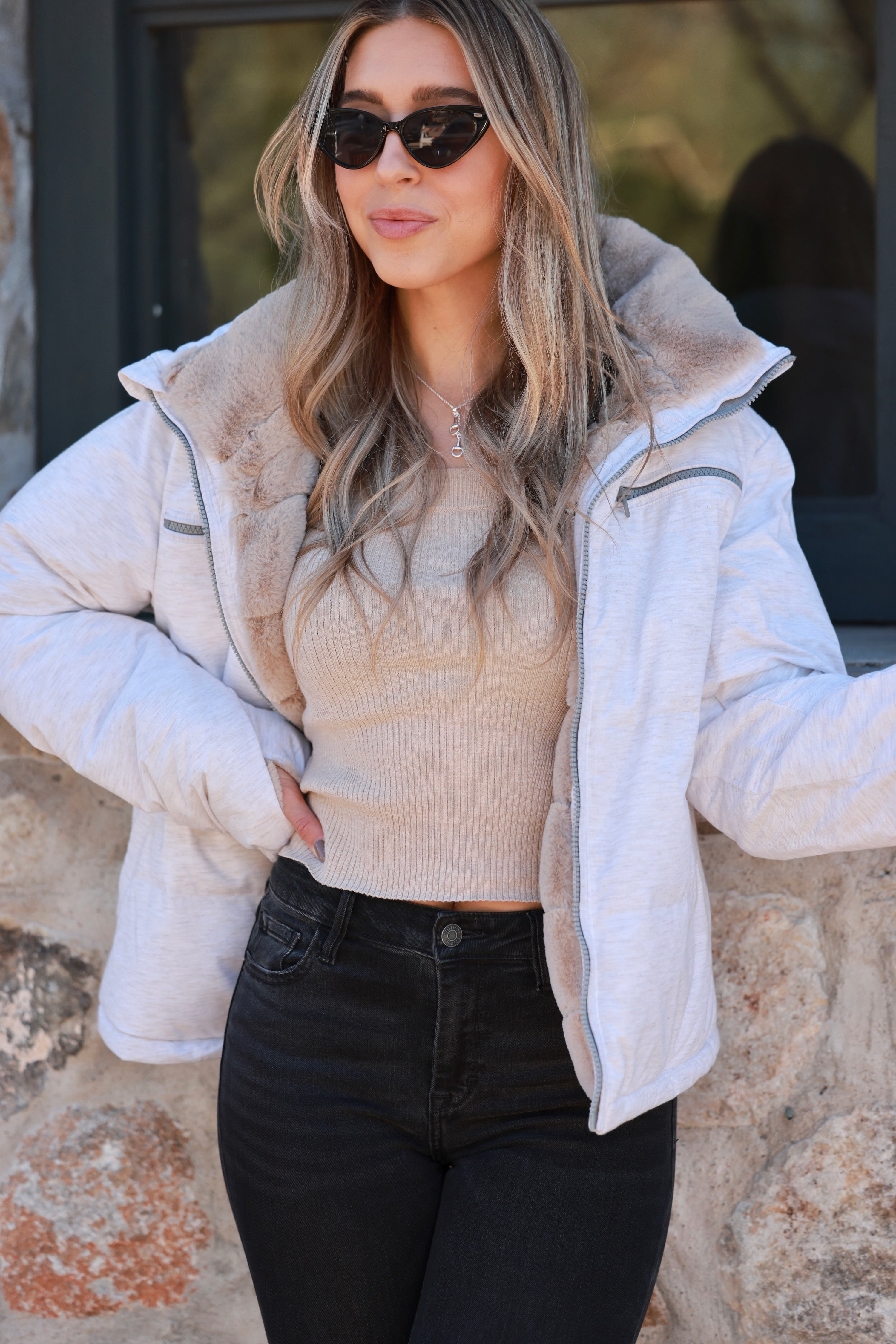 Reversible Puffer Jacket - Cloud Dancer, Reversible puffer jacket, Faux fur lined coat, Winter adventure jacket, Black insulated puffer, Stylish outdoor layer, The Adventurer Puffer Jacket is the perfect layer of luxury and warmth for your outdoor adventures. Crafted with reversible styling, adjustable waist drawstrings, and a faux fur lining for those chilly days, this jacket pairs fashion and function. Plus, thumbholes and a hidden hood in the collar guarantee comfort and convenience. 