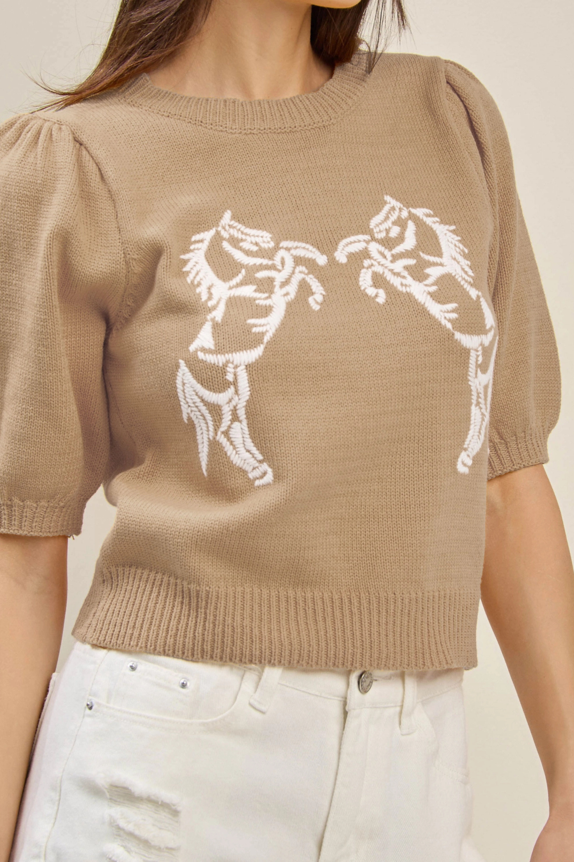 Able Rochelle Embroidered Sweater Top Horse Embroidered Sweater, Western graphic knit top, Short sleeves Cowgirls' top