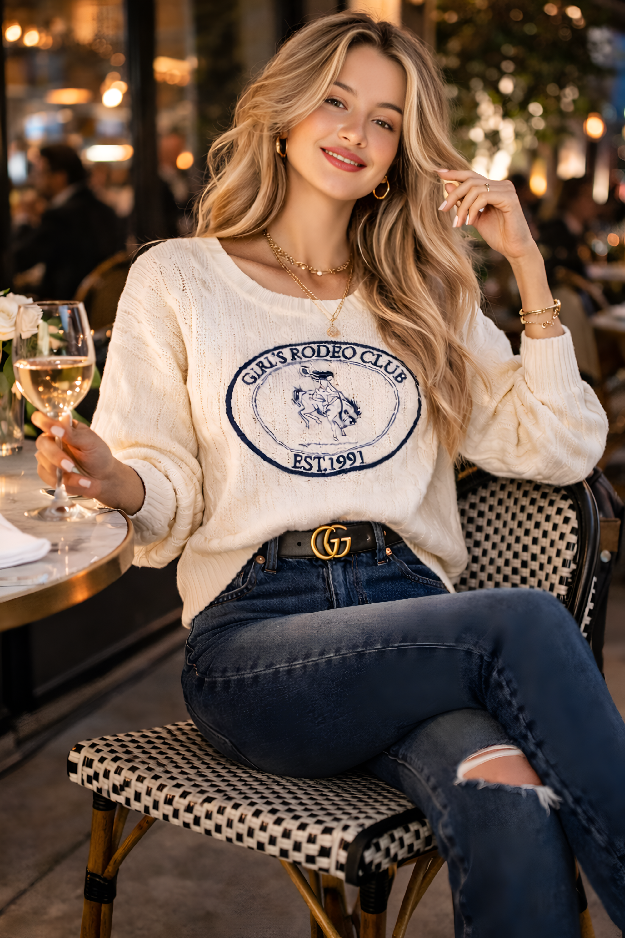 The Girls Rodeo Club Sweater blends classic varsity style with timeless equestrian charm. Designed with a relaxed dropped-shoulder silhouette and finished with textured cable-knit detailing, this cozy knit delivers effortless western sophistication, whether you're at the barn, in town, or layered for cool spring rides. Featuring navy embroidered varsity lettering across a soft cream knit, this sweater captures the spirit of rodeo heritage with a modern cowgirl feel.
