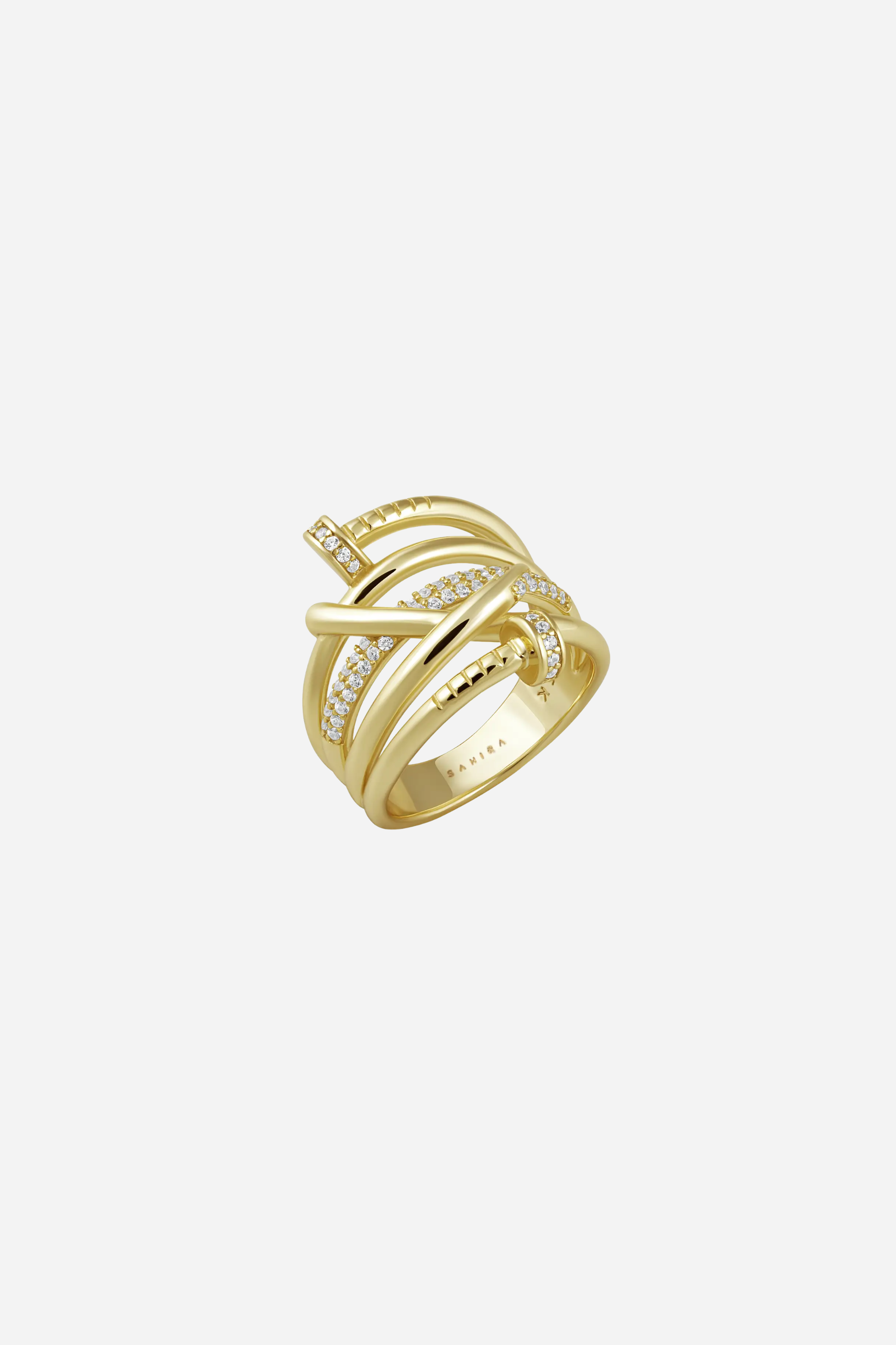 18k gold-plated nail-style ring with sparkling CZ accents, inspired by equestrian design and crafted over sterling silver.