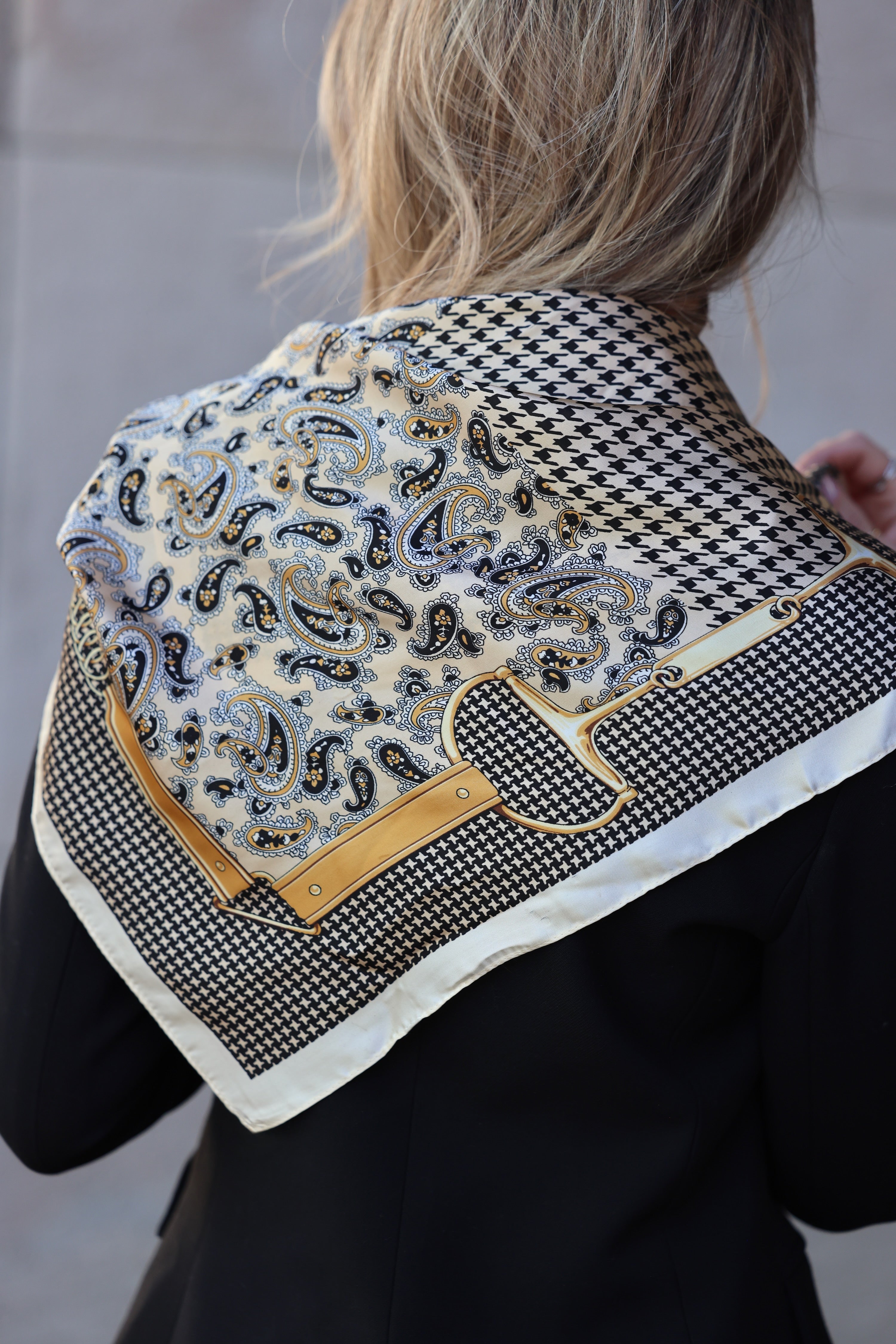 Square scarf featuring equestrian-inspired horse bit pattern and border detail, lightweight design. equestrian scarf, horse bit scarf, horse print scarf, horse motif scarf, equestrian accessory, horse girl scarf