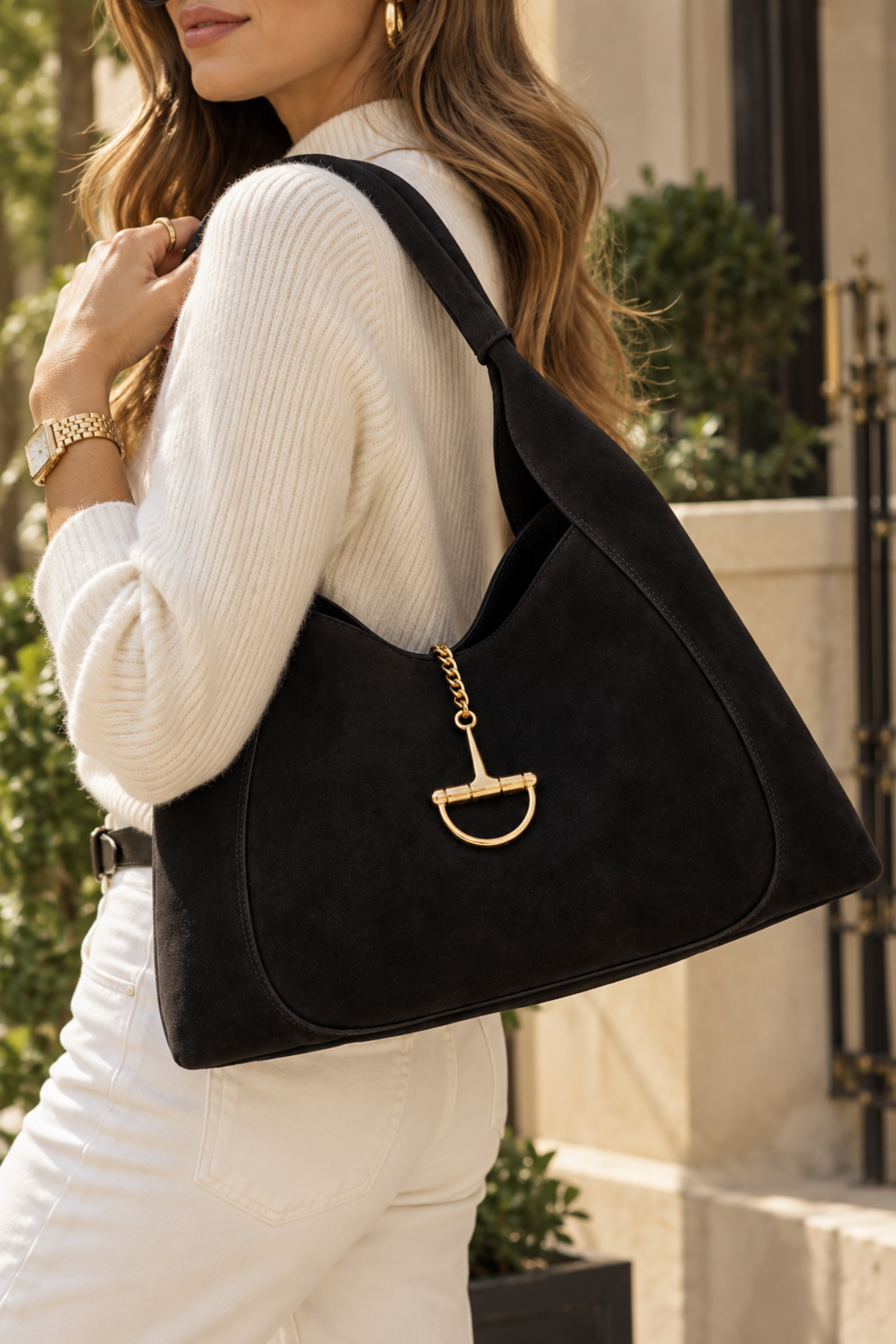Sloane Large Suede Saddle Bag - Black