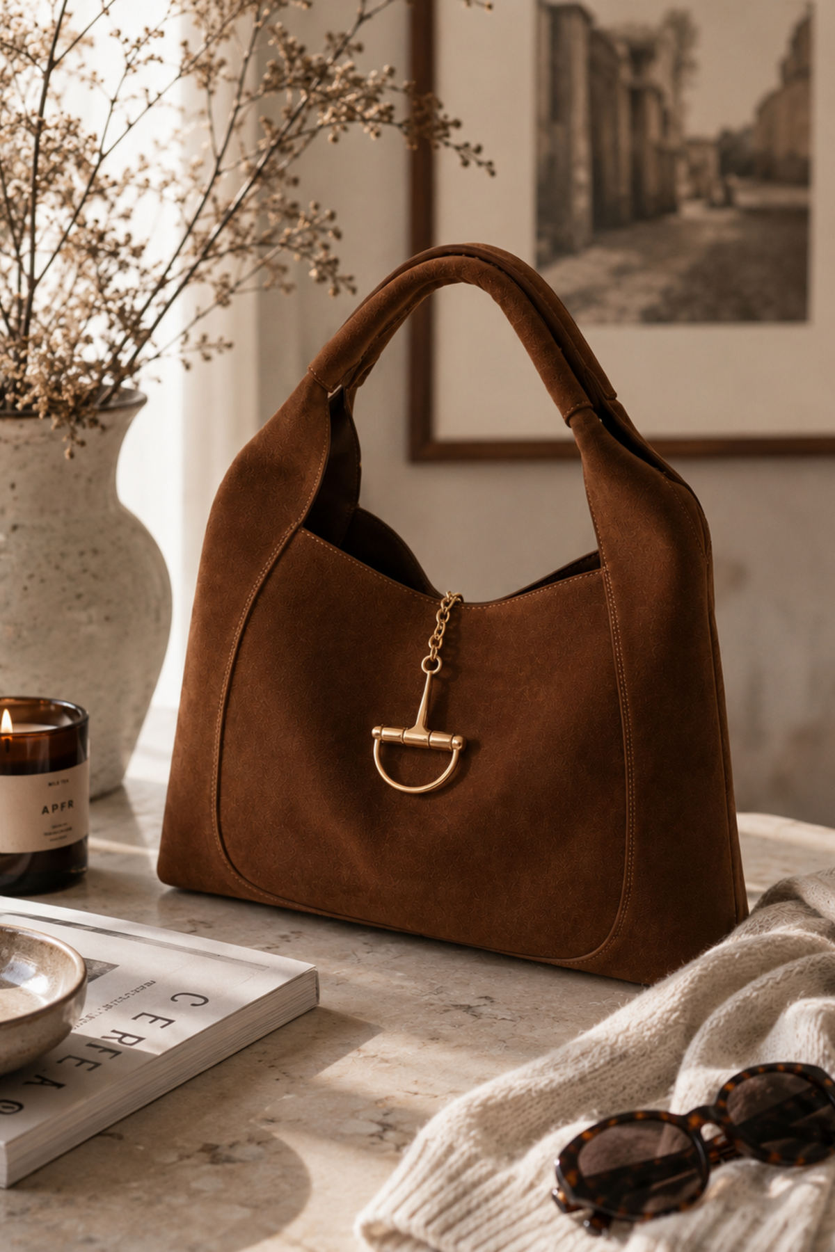 Sloane Large Suede Saddle Bag - Brown