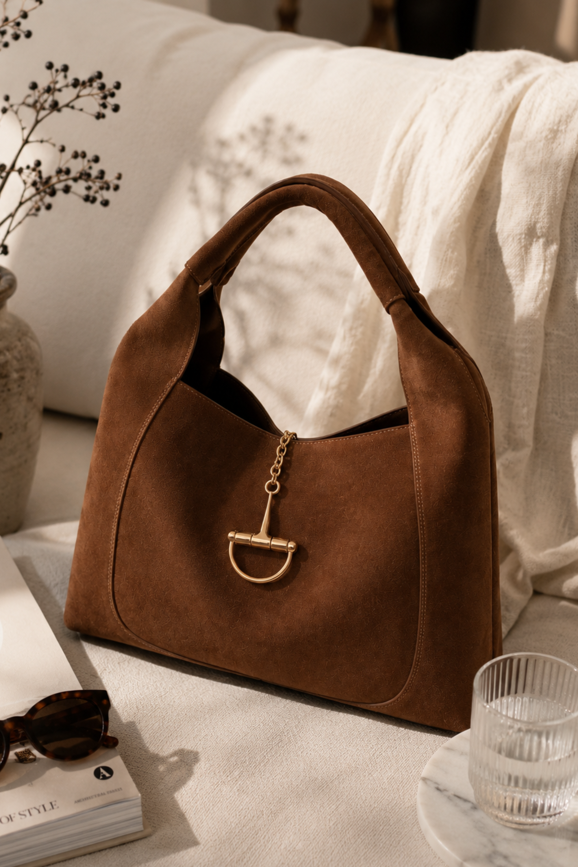 Sloane Large Suede Saddle Bag - Brown