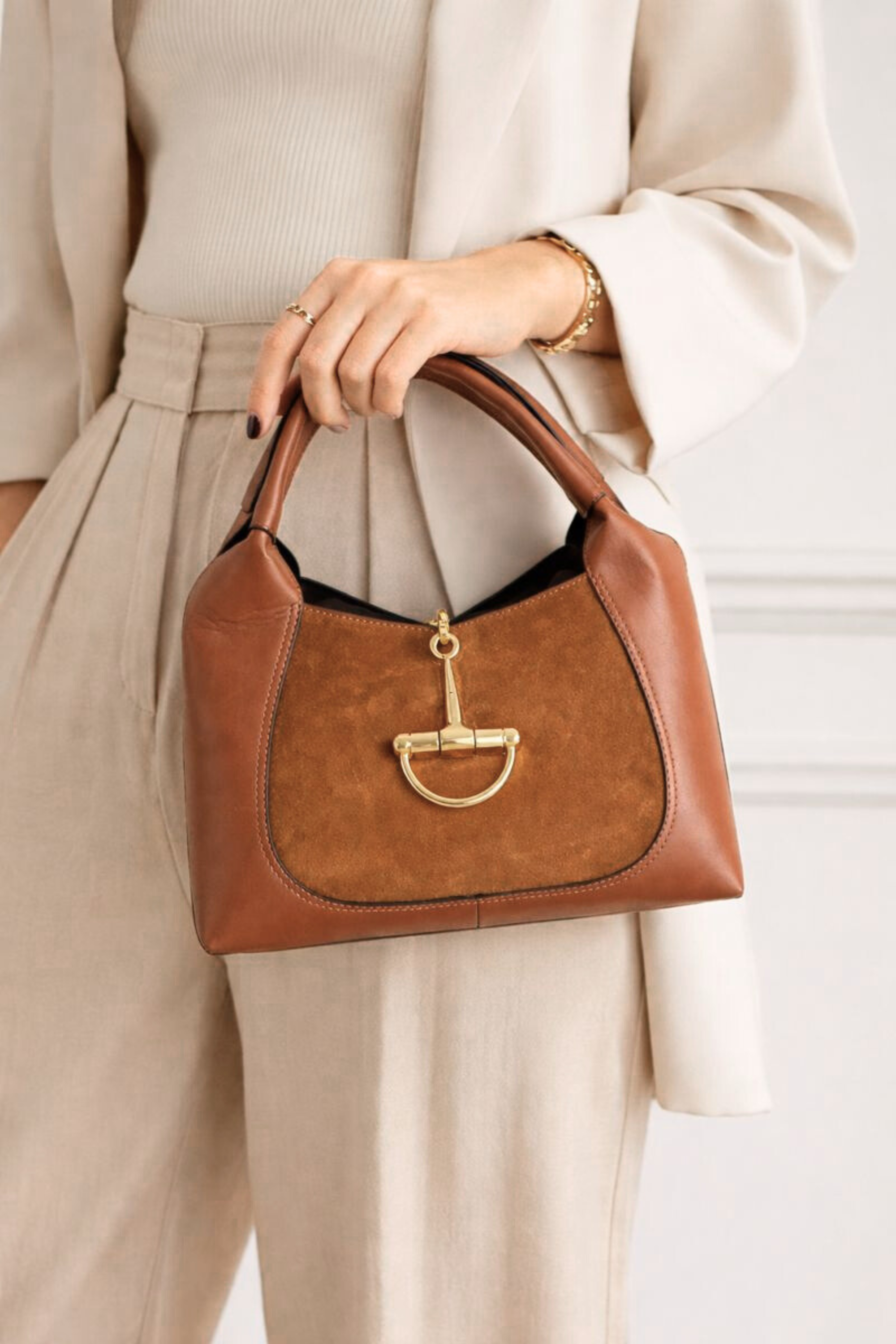 Stacey Suede Leather Saddle Bag - Camel