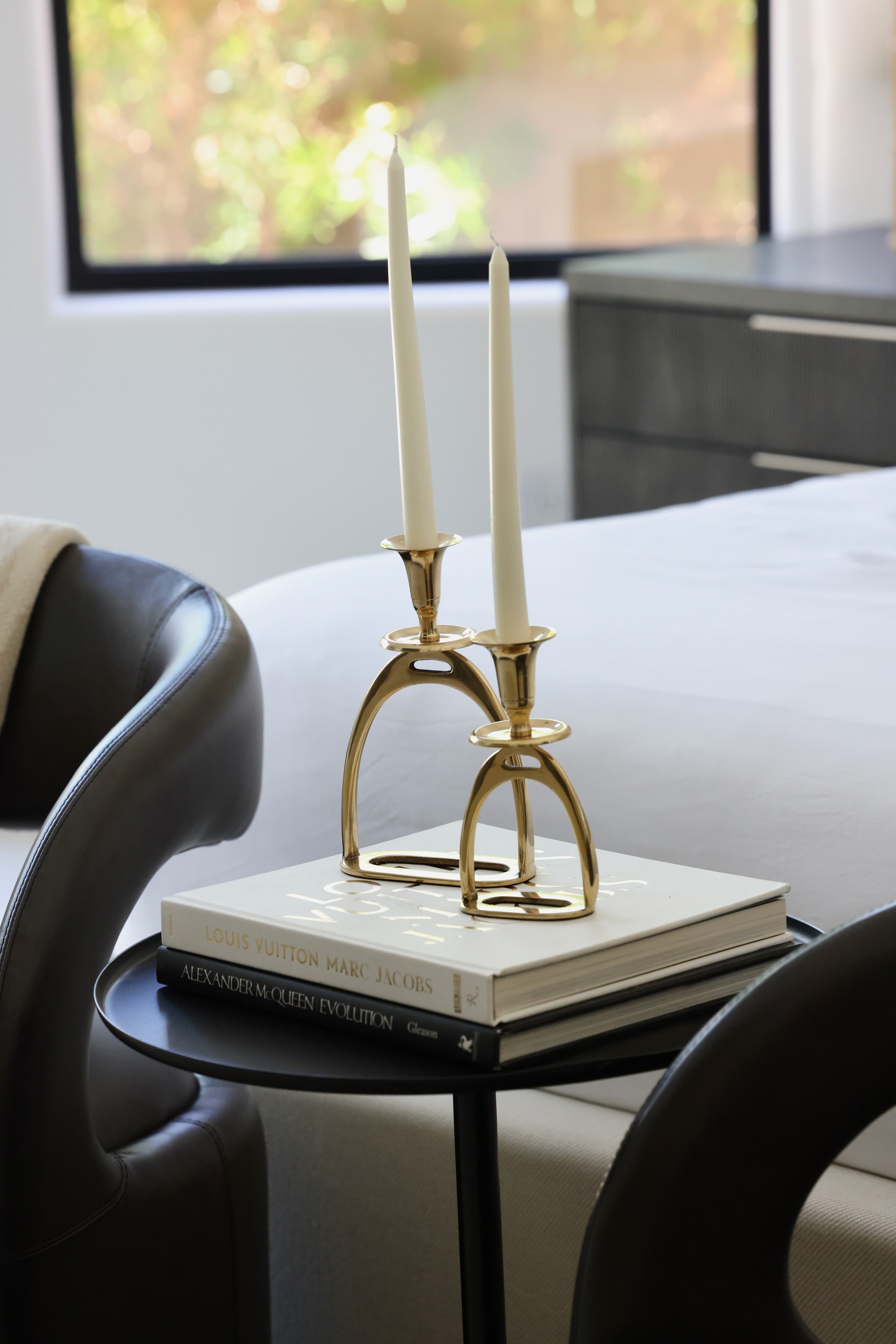 thg stylish equestrian brass stirrup candle stick holder set