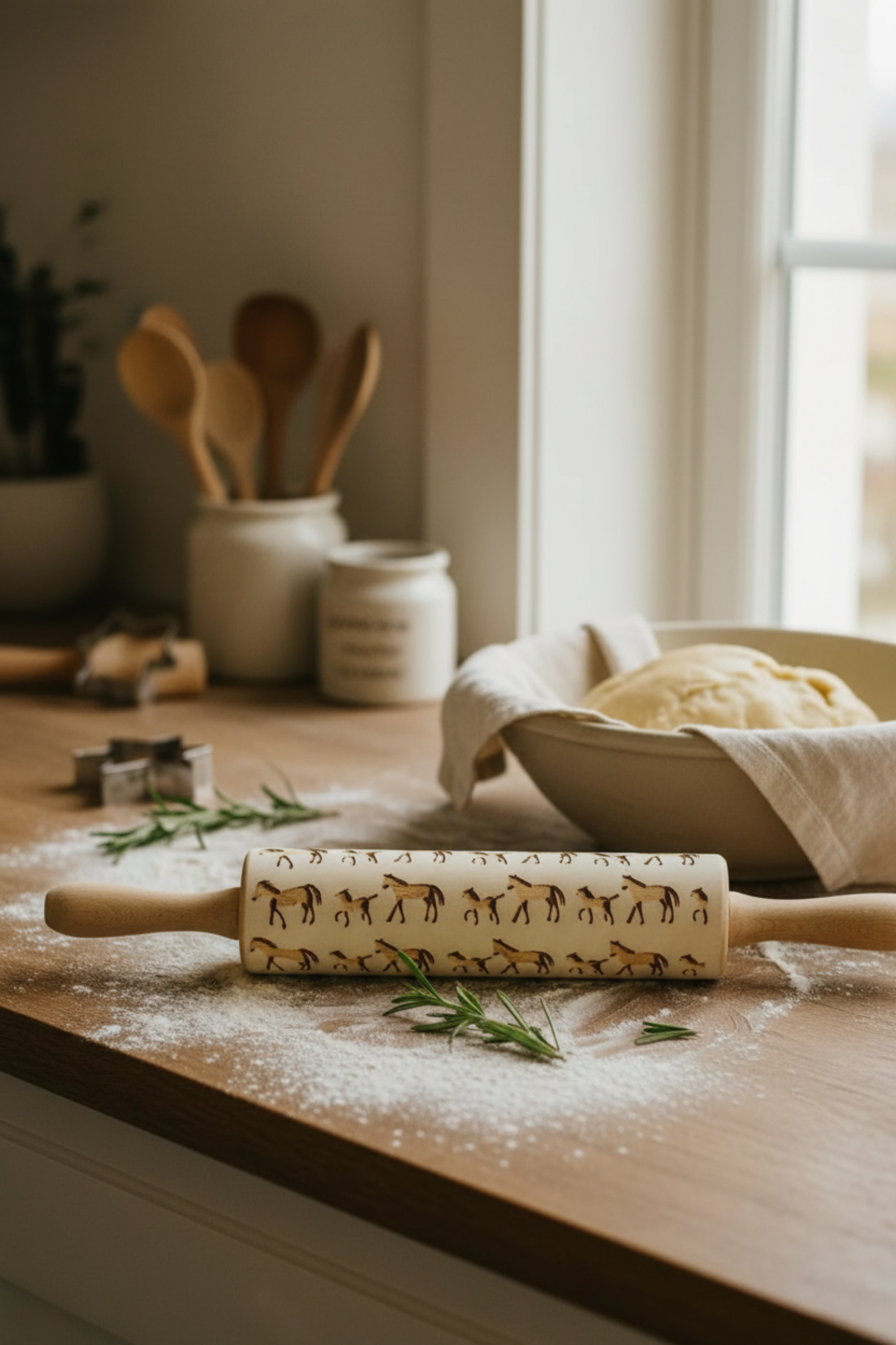 A Horses Embossed Rolling Pin featuring a detailed horse pattern carved into the wood, resting on a kitchen surface beside embossed cookies and baking tools. The intricate design showcases elegant horse motifs that create artistic imprints on dough, fondant, or clay—highlighting the pin’s versatility for baking and crafting.